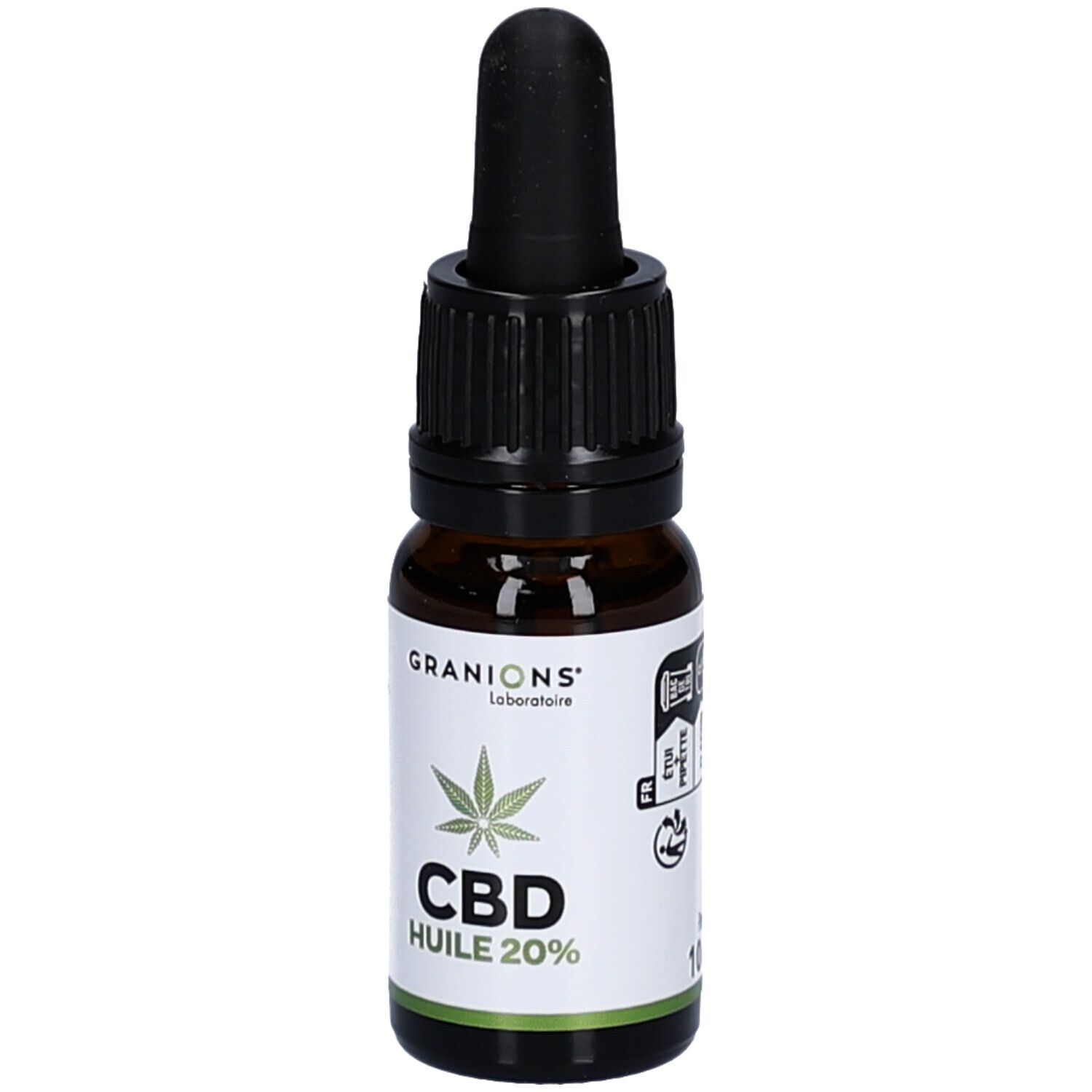 Flacon en verre brun avec compte-gouttes noir. Inscription: CBD Huile 20%, Granions Laboratoire. Logo feuille de cannabis.