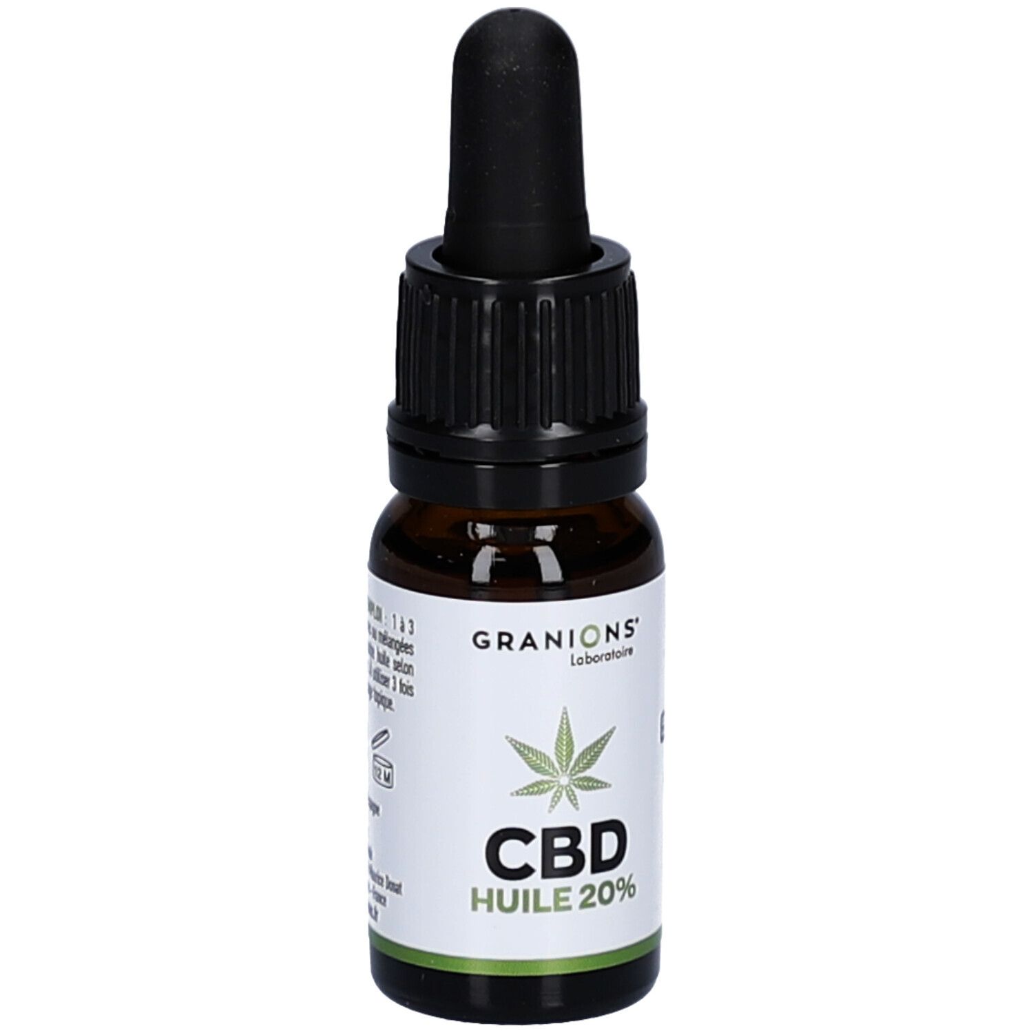 Flacon en verre brun avec compte-gouttes noir. Inscription: CBD Huile 20%, Granions Laboratoire. Logo feuille de cannabis.