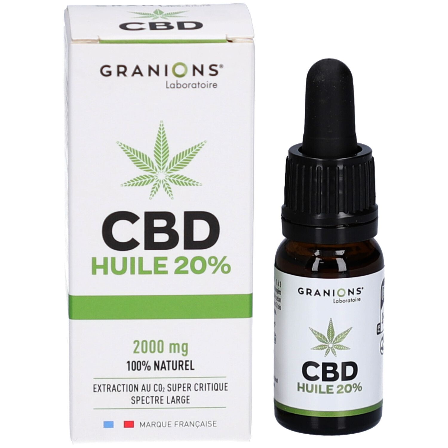 Emballage et flacon. Emballage: blanc avec accents verts. Inscription: CBD Huile 20%, 2000 mg.