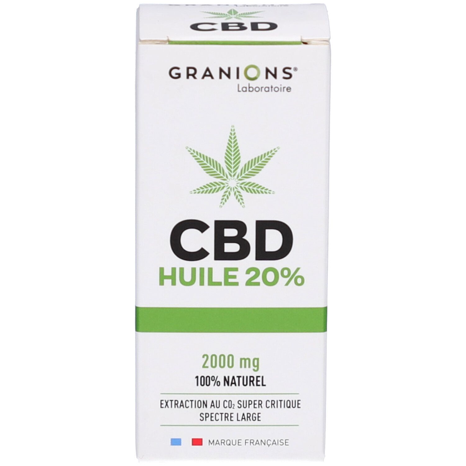 Emballage du produit. Blanc avec accents verts. Inscription: CBD Huile 20%, 2000 mg, 100% naturel. Logo feuille de cannabis.
