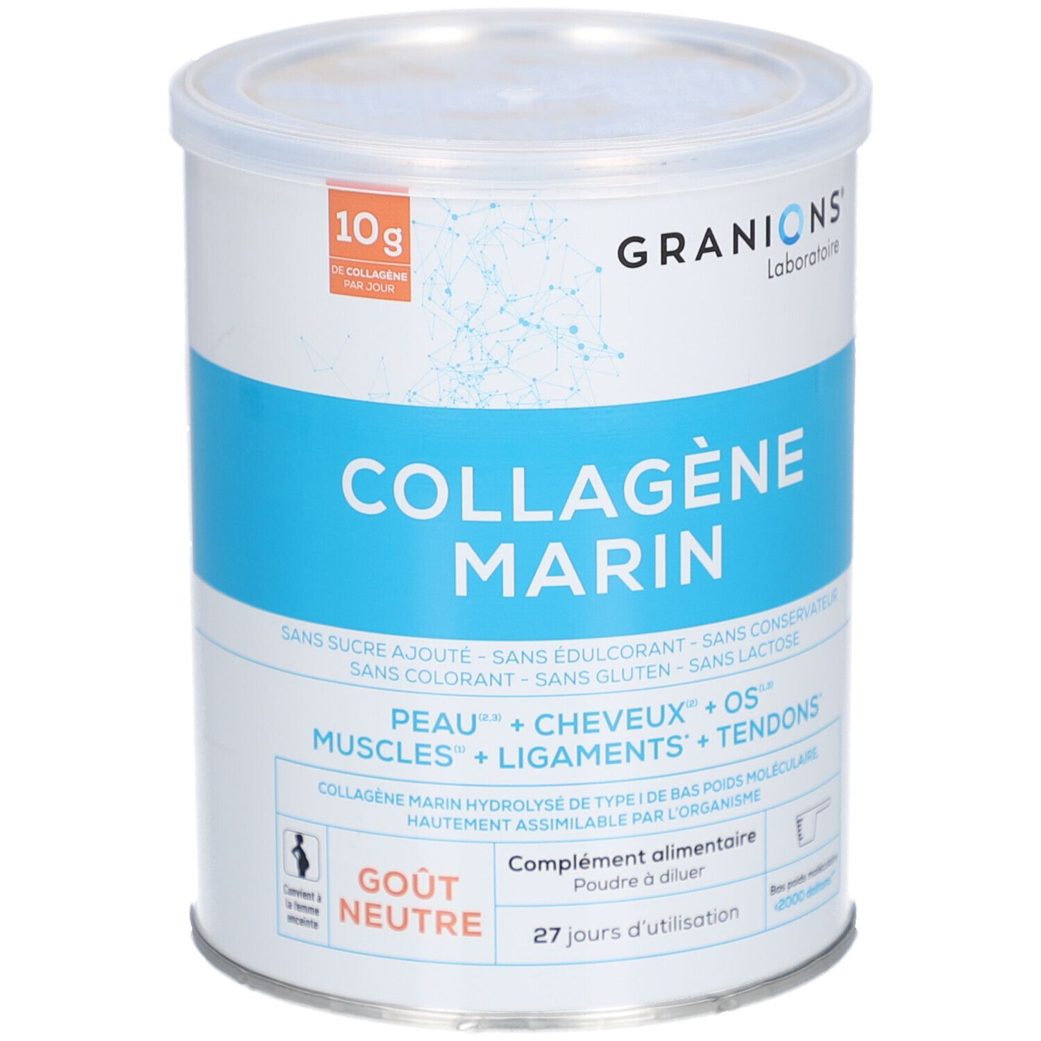 Boîte cylindrique avec bande bleue. Inscription: Collagène Marin, Gout Neutre. Marque: Granions.