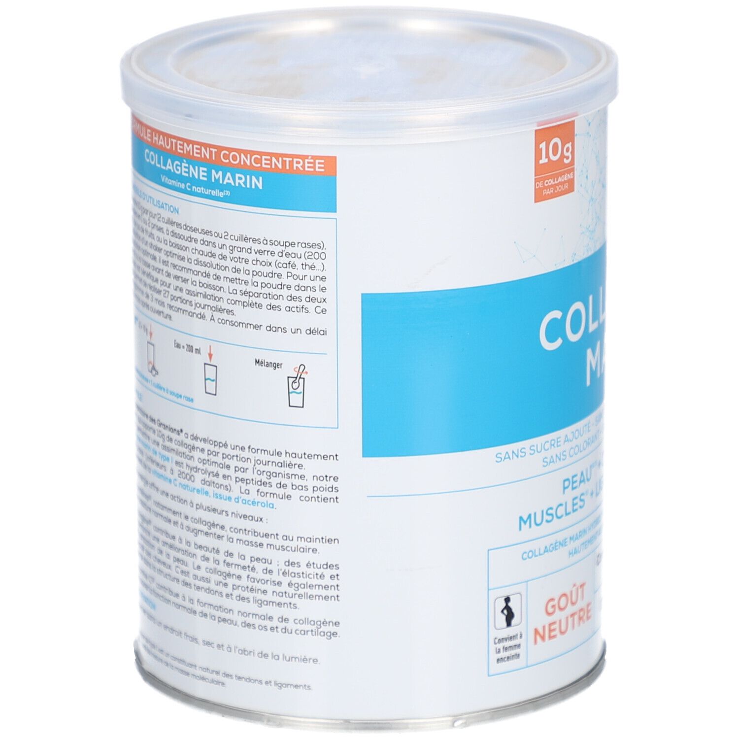 Boîte avec texte. Inscription: Collagène Marin, Formule Hautement Concentrée. Instructions et informations nutritionnelles.