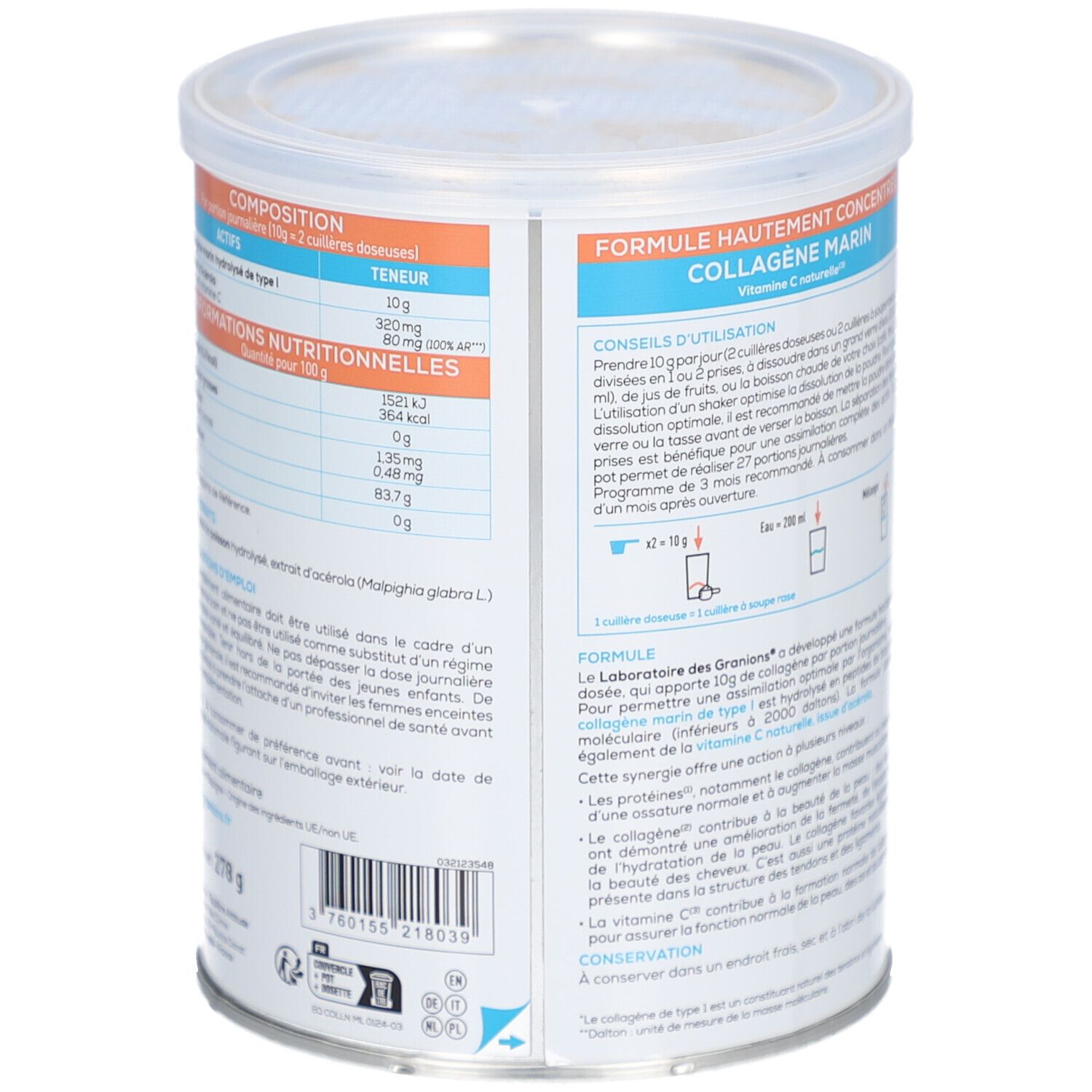 Dos de la boîte. Contient des informations sur les ingrédients et les valeurs nutritionnelles. Marque: Granions.