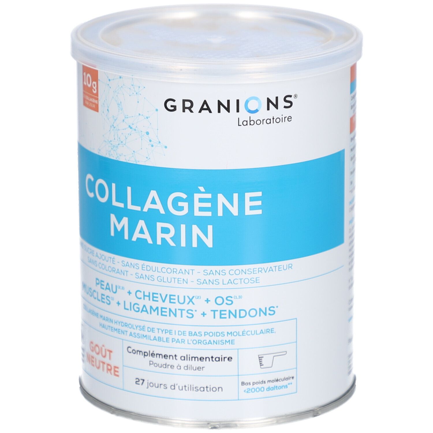 Boîte cylindrique avec bande bleue. Inscription: Collagène Marin, Gout Neutre. Marque: Granions.