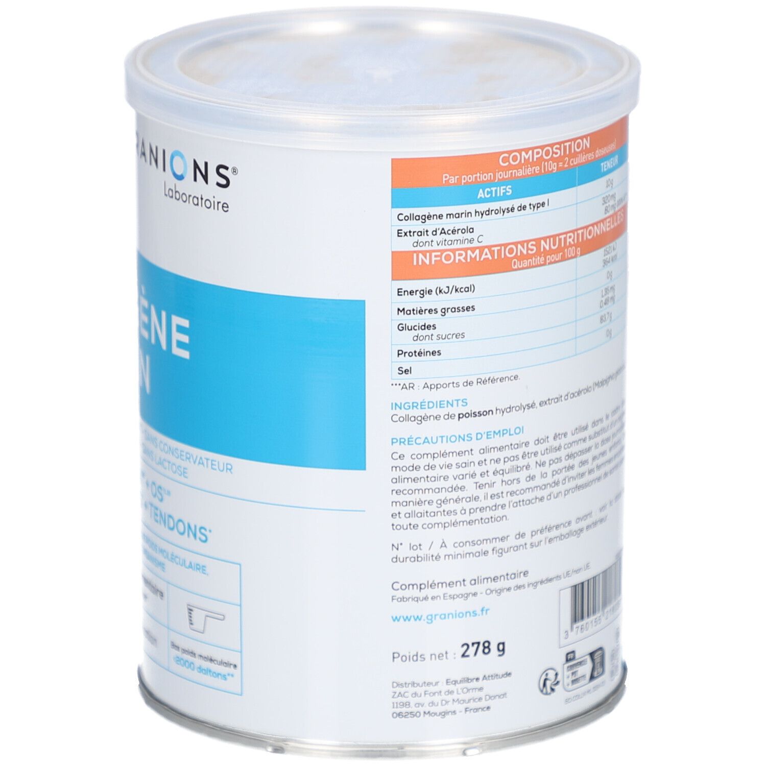 Dos de la boîte. Contient des informations sur les ingrédients et les valeurs nutritionnelles. Marque: Granions.