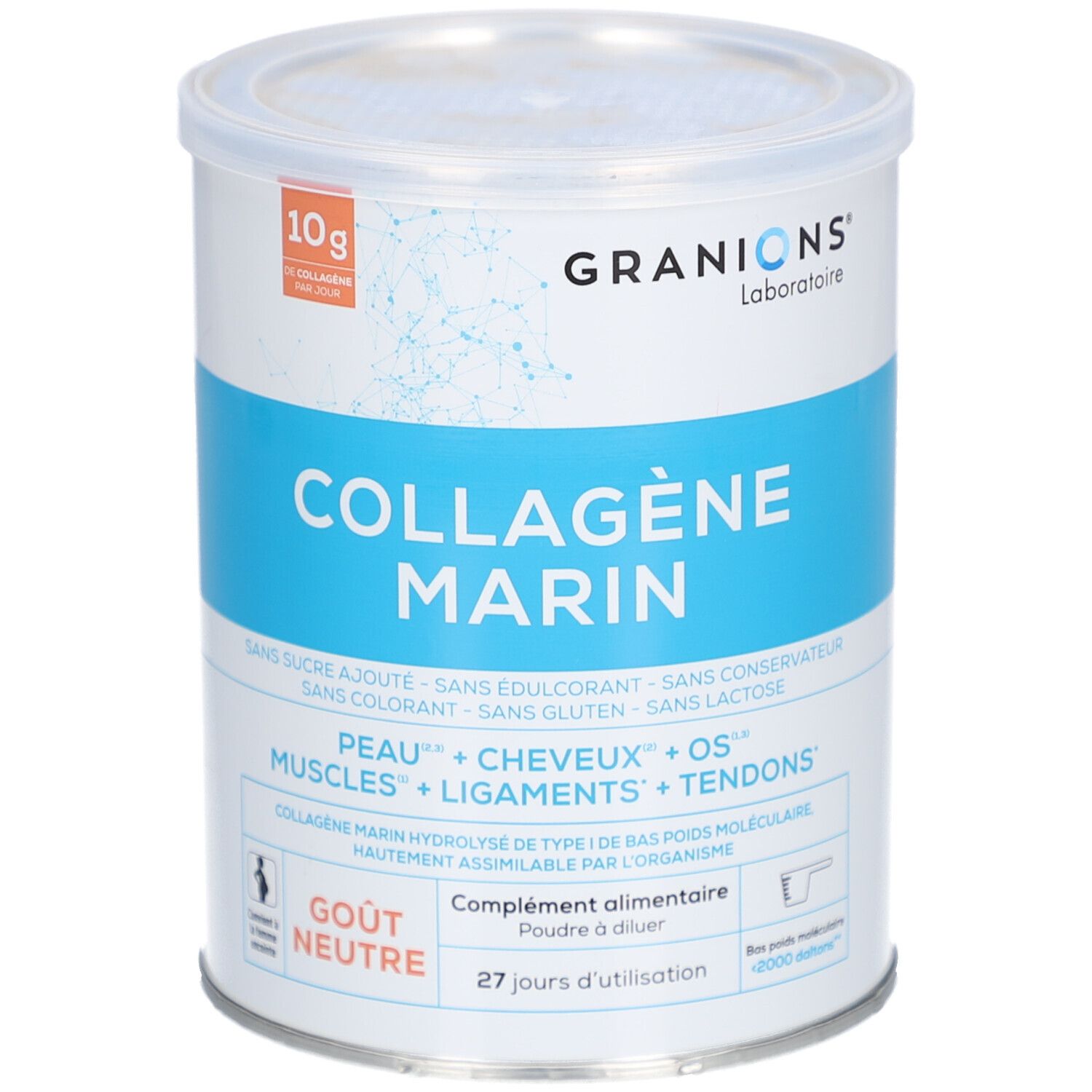 Boîte cylindrique avec bande bleue. Inscription: Collagène Marin, Gout Neutre. Marque: Granions.