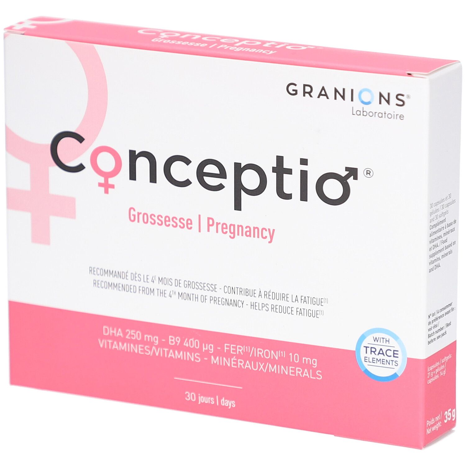 Boîte rose et blanche CONCEPTIO Grossesse. Contient 30 capsules. Logo GRANIONS. Avec oligo-éléments.