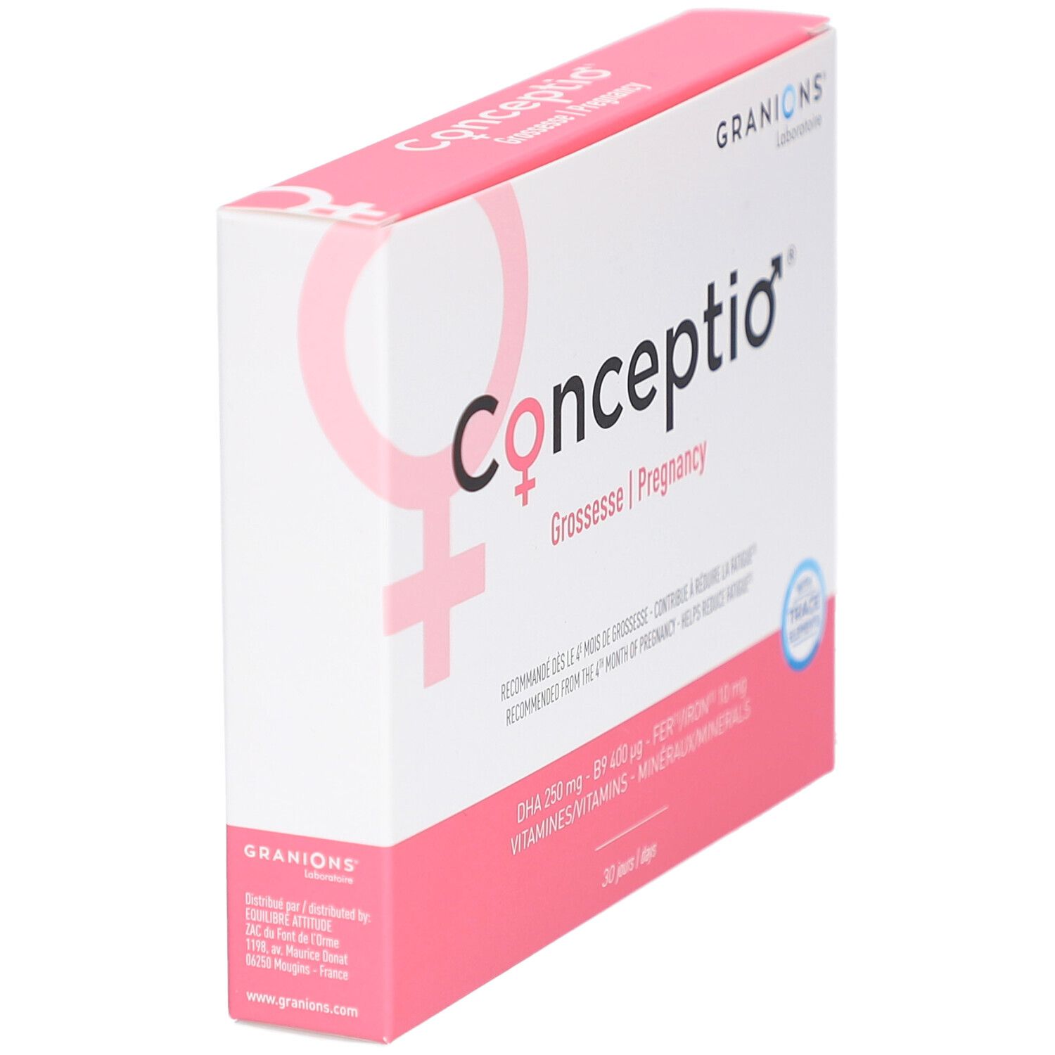 Boîte CONCEPTIO rose et blanche. Logo GRANIONS. Texte: Grossesse | Pregnancy. Contient 30 capsules. Vue oblique.