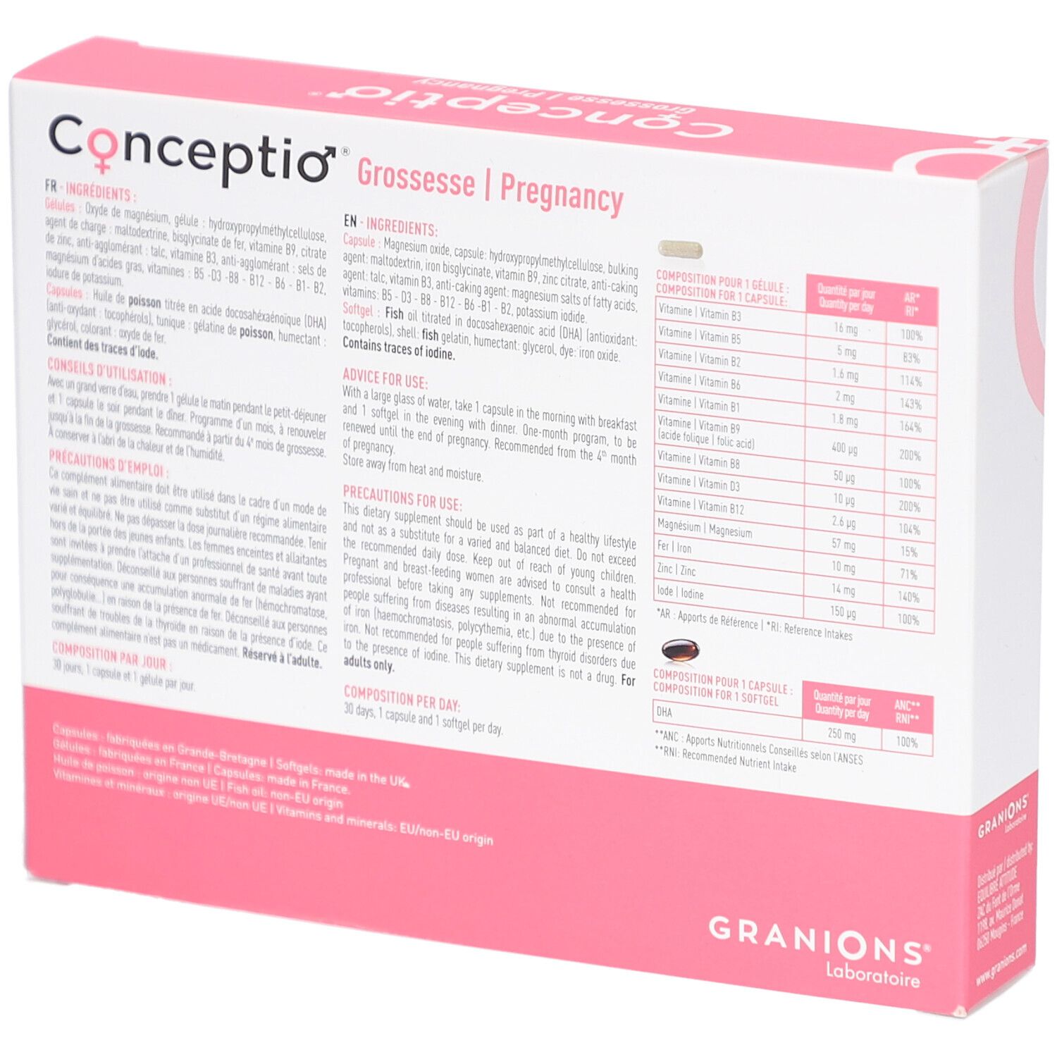 Dos de la boîte CONCEPTIO. Ingrédients, informations nutritionnelles, conseils d'utilisation. Logo GRANIONS. Texte en anglais et français.