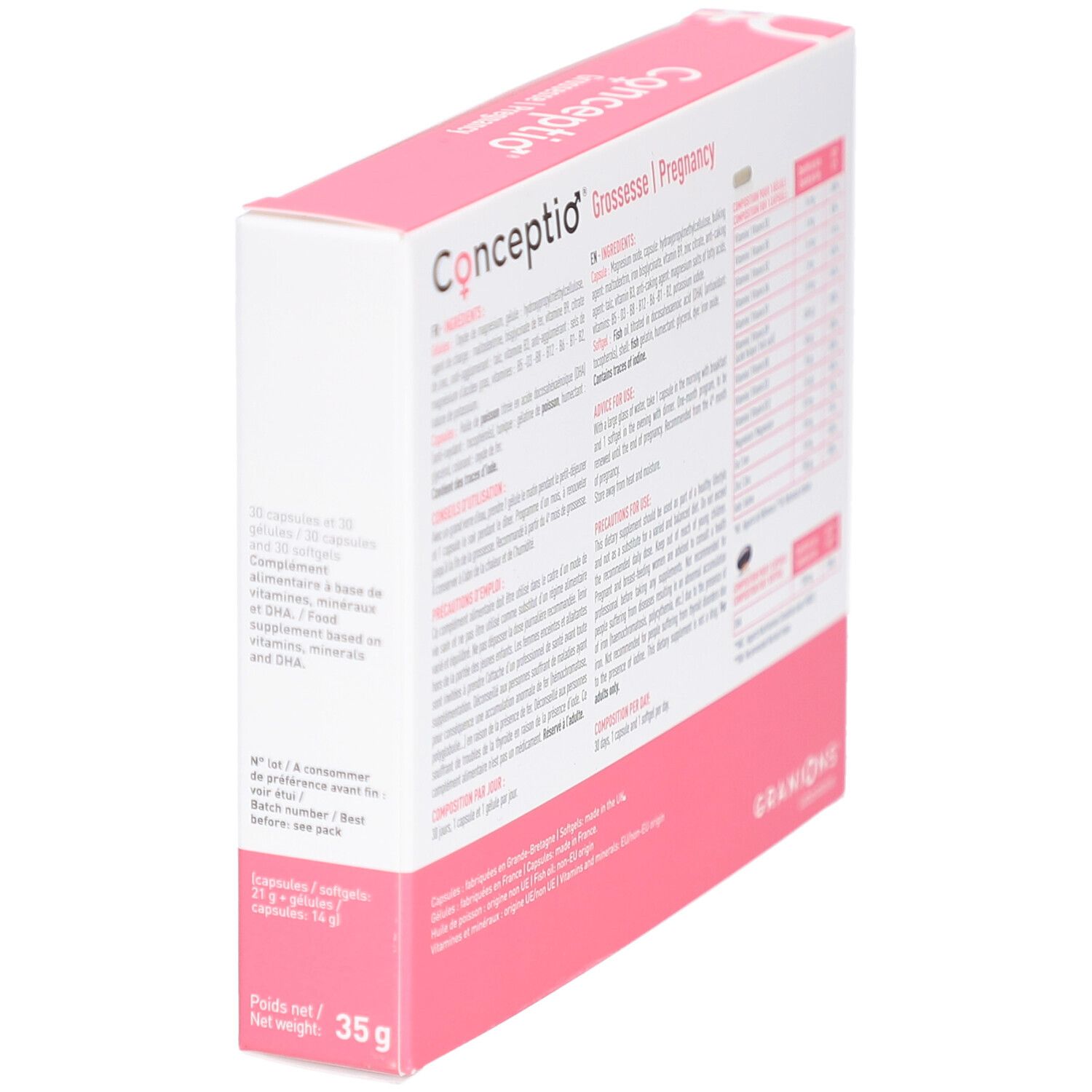 Boîte CONCEPTIO, dos. Contient 30 capsules. Informations nutritionnelles, ingrédients. Logo GRANIONS. Poids net : 35g.