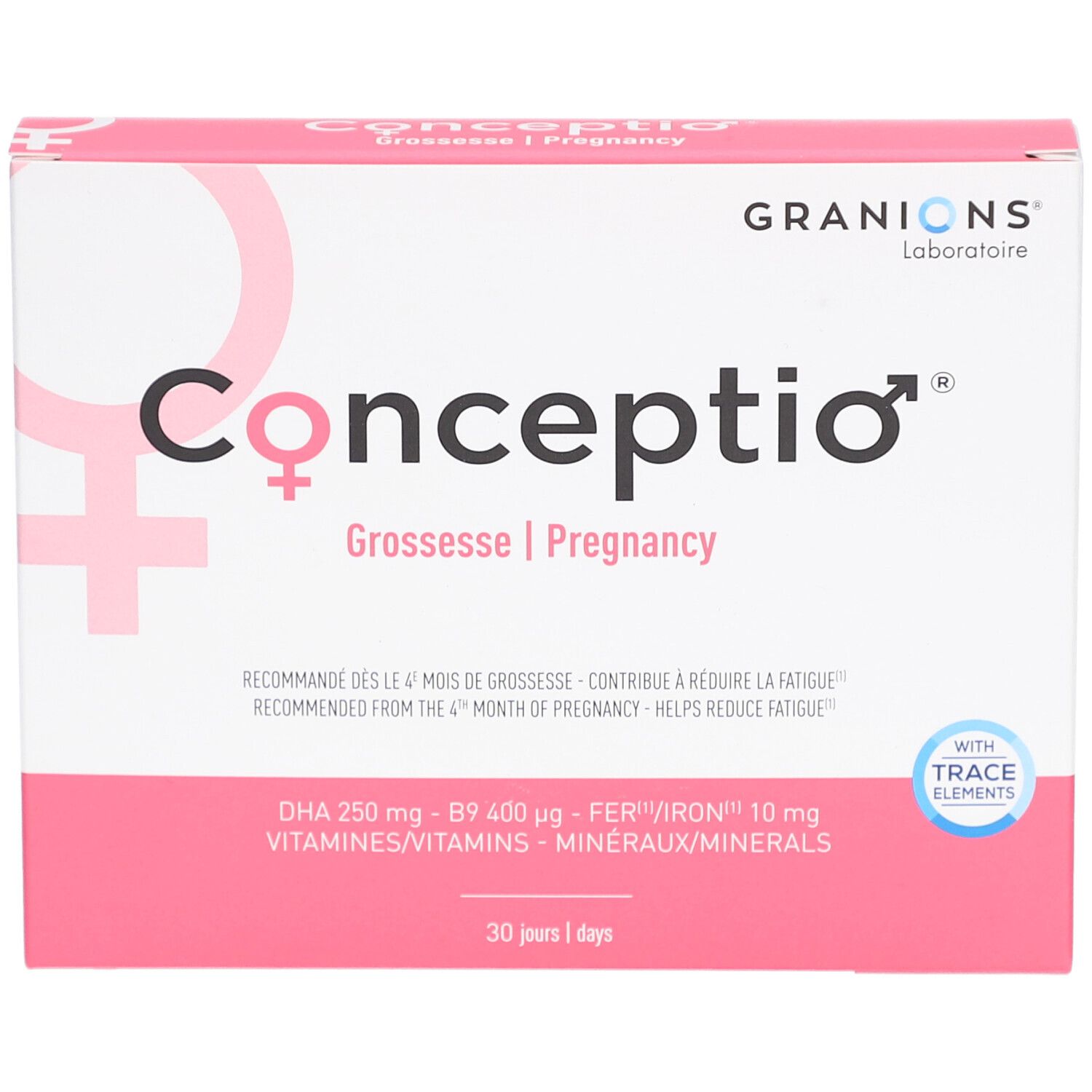 Boîte CONCEPTIO rose et blanche. Texte: Grossesse | Pregnancy. Contient 30 capsules. Logo GRANIONS. Avec oligo-éléments.