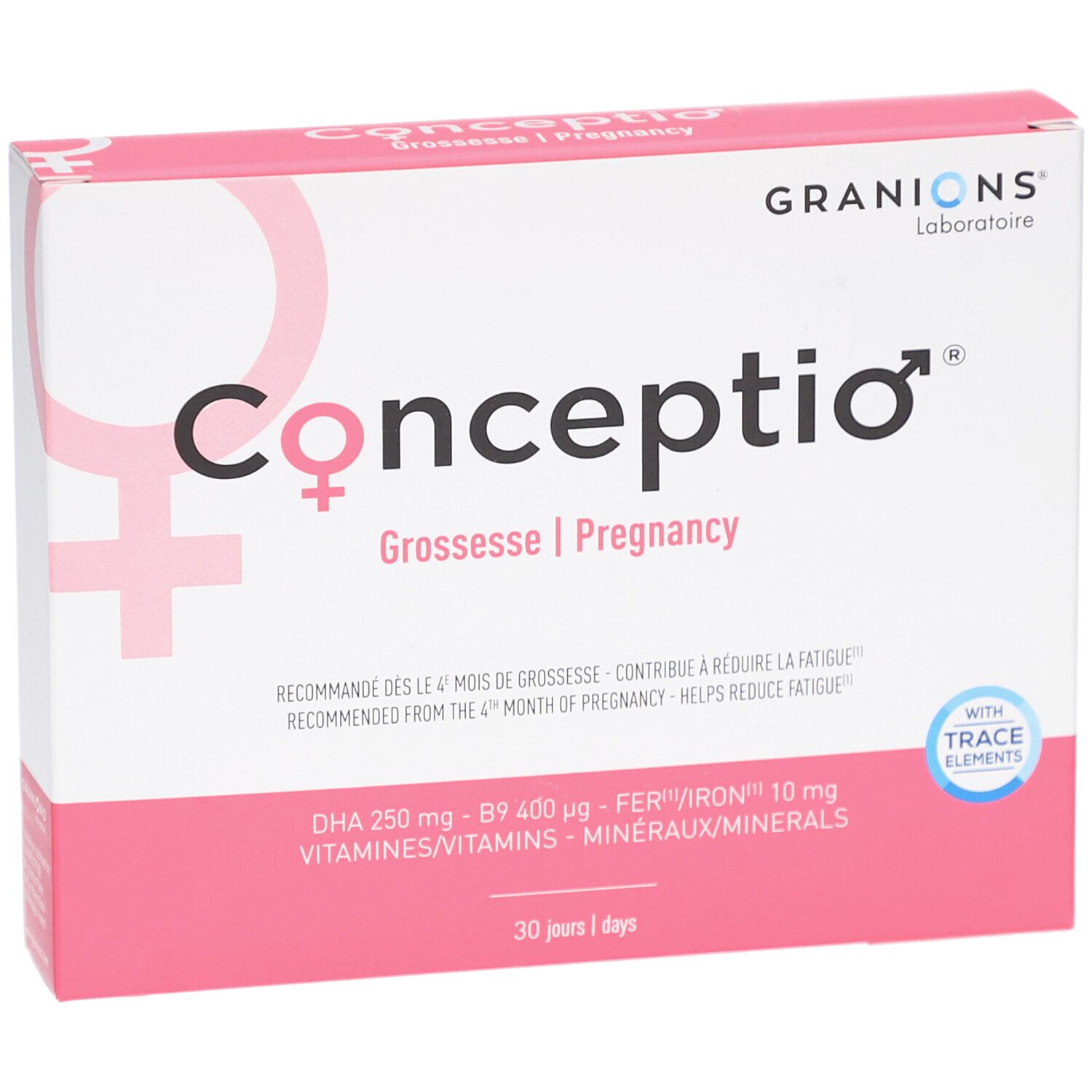 Boîte CONCEPTIO rose et blanche. Texte: Grossesse | Pregnancy. Contient 30 capsules. Logo GRANIONS. Avec oligo-éléments.