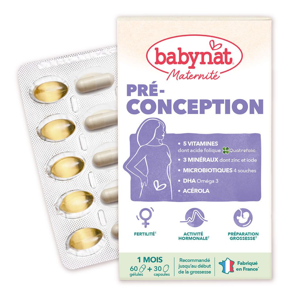 Babynat Maternité Pré-Conception : Blister de gélules et boîte.