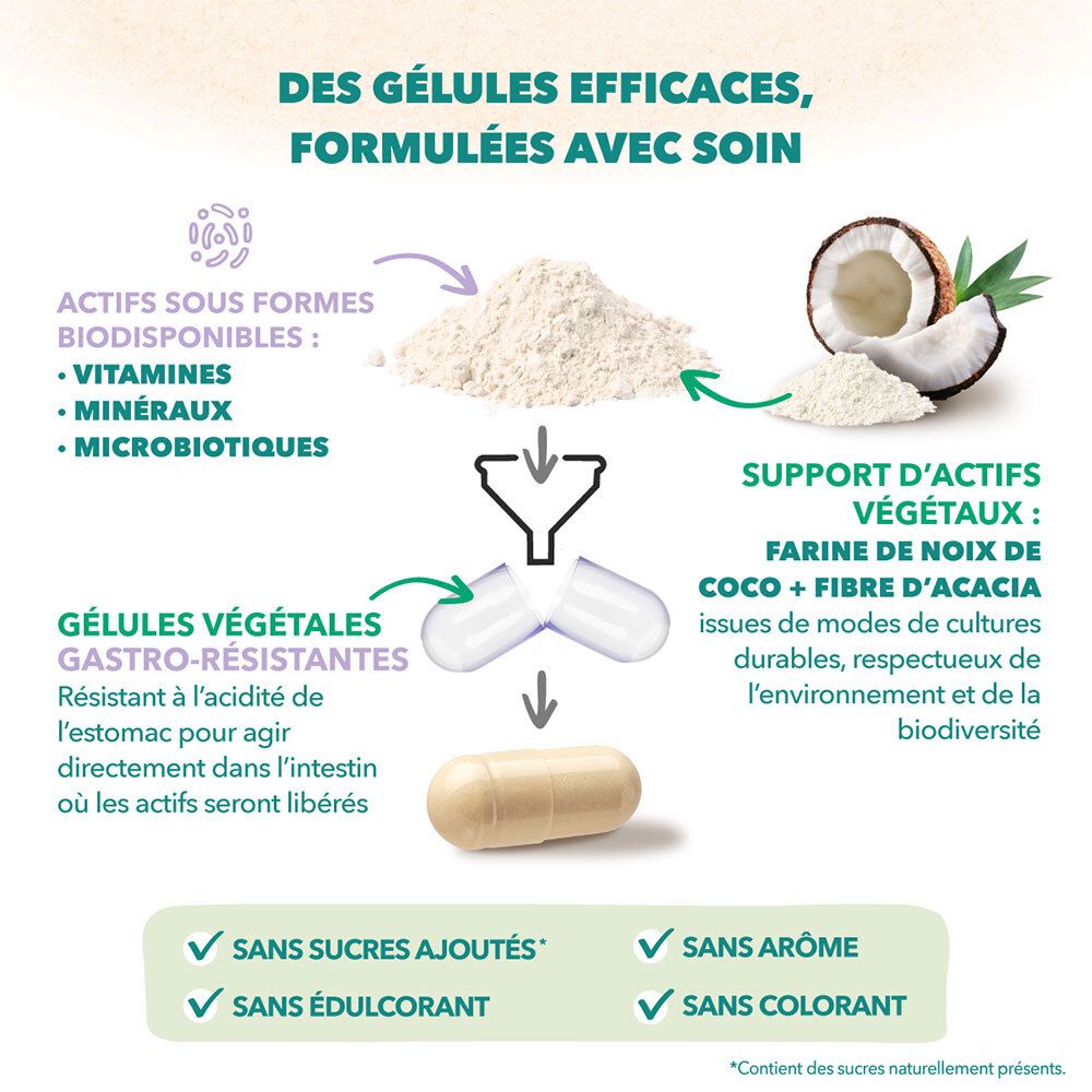 Schéma de fabrication de gélules avec ingrédients végétaux et représentations de vitamines, minéraux et probiotiques.