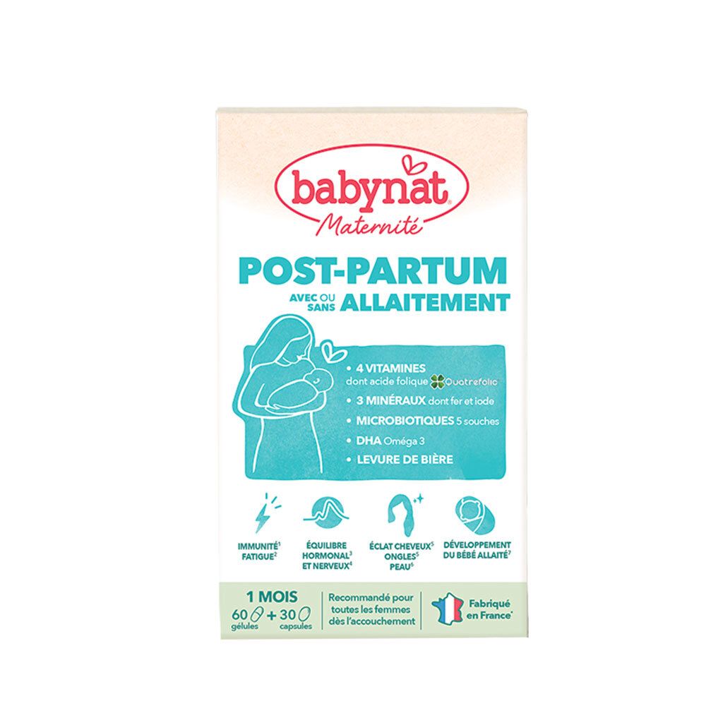 BABYNAT Maternité Post-Partum: Boîte de 60 gélules + 30 capsules. Contient 4 vitamines, 3 minéraux, 5 souches probiotiques, DHA Oméga 3, levure de bière.
