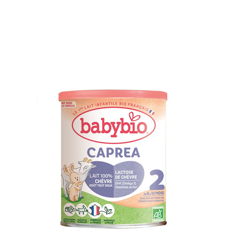 Boîte de Babybio Caprea 2. Formule au lait de chèvre. Couvercle rose, boîte blanche avec illustrations et texte. Certification bio.