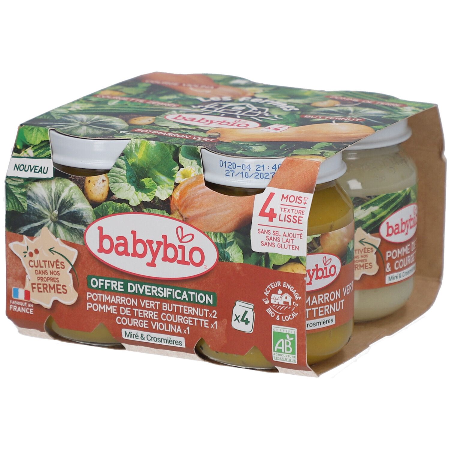 Multipack de pots. Marque Babybio. 4 pots de légumes. Label bio. Origine France. Texte en français.