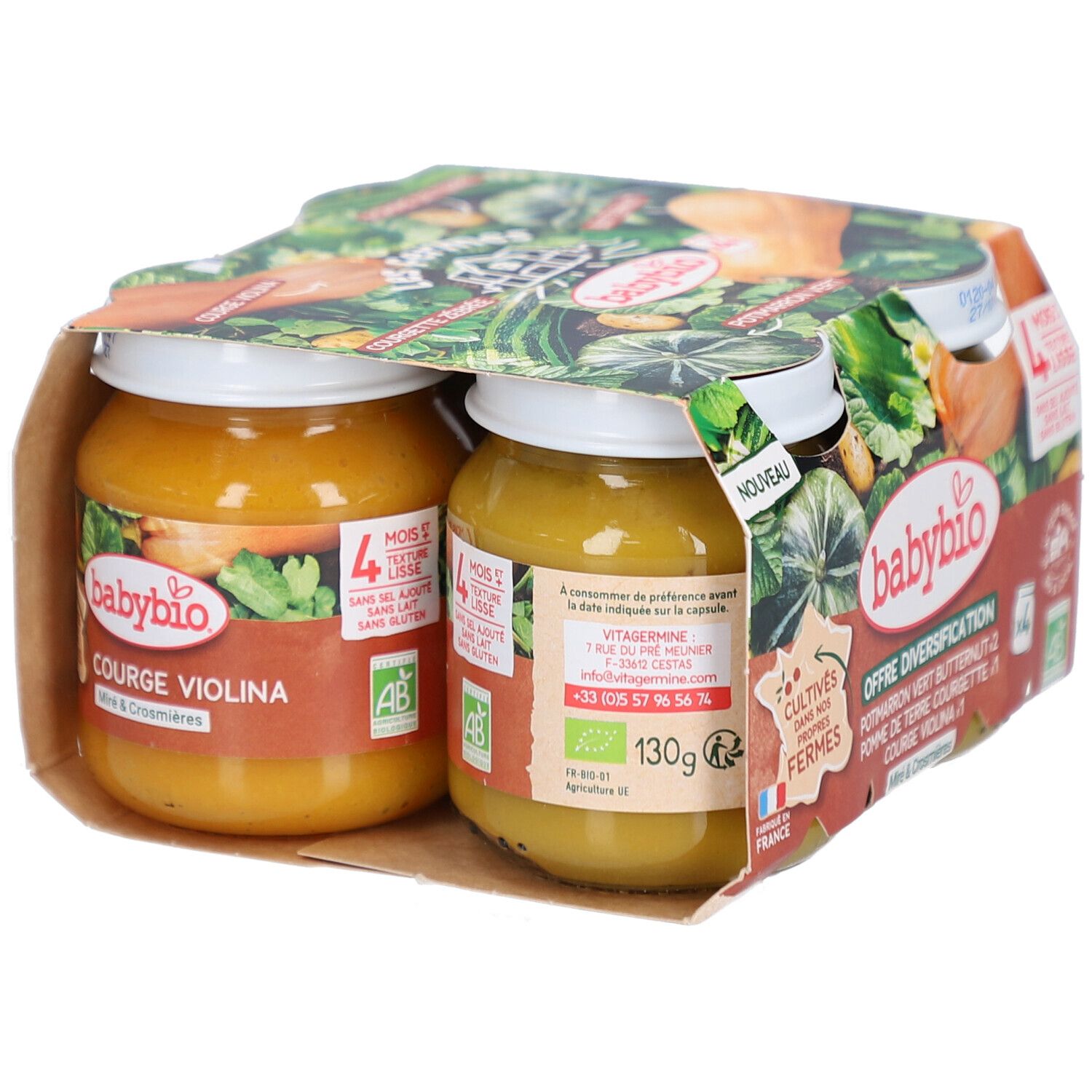 Multipack de pots. Marque Babybio. 2 pots de légumes. Label bio. Texte en français. 130g.