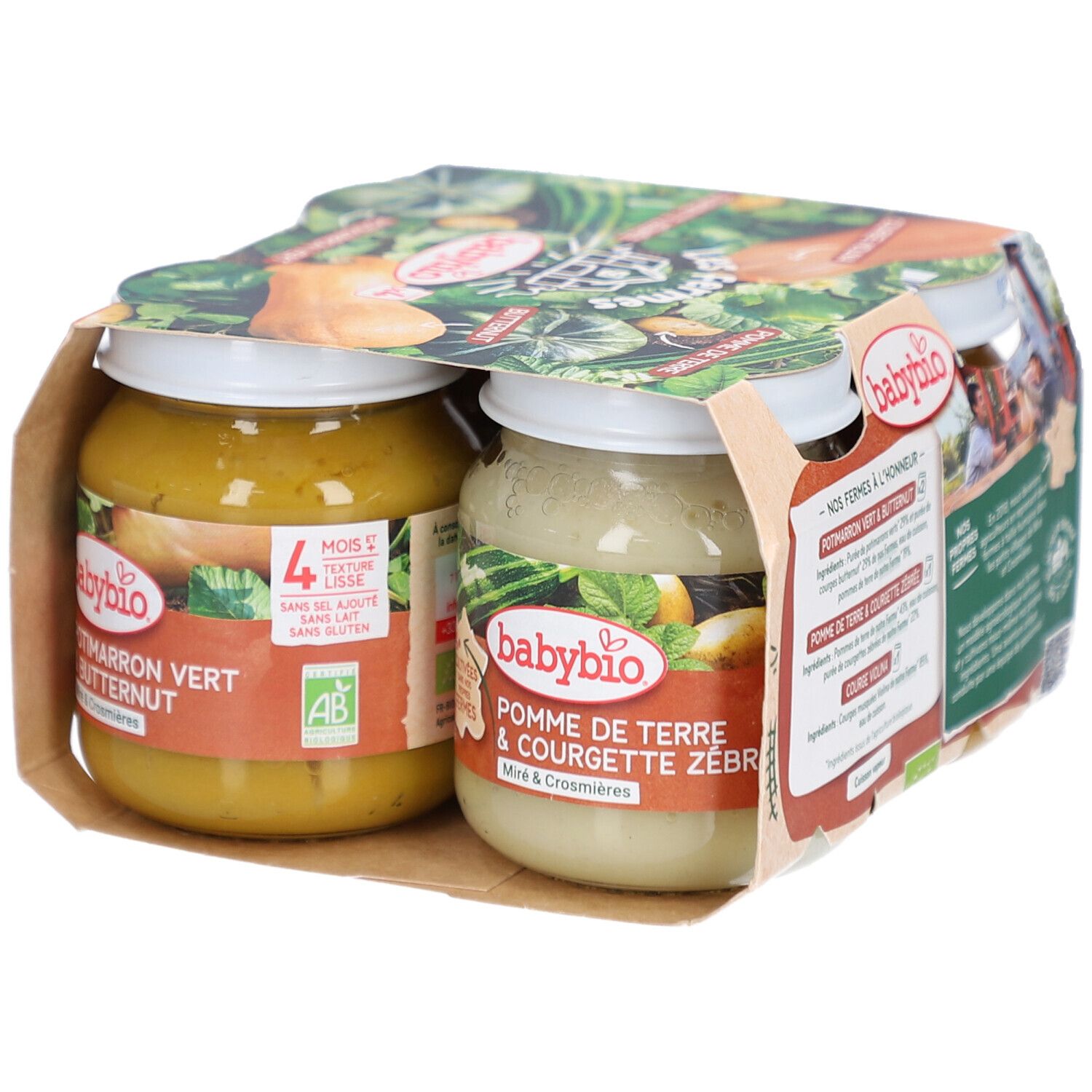 Multipack de pots. Marque Babybio. 4 pots de légumes. Label bio. Texte en français.