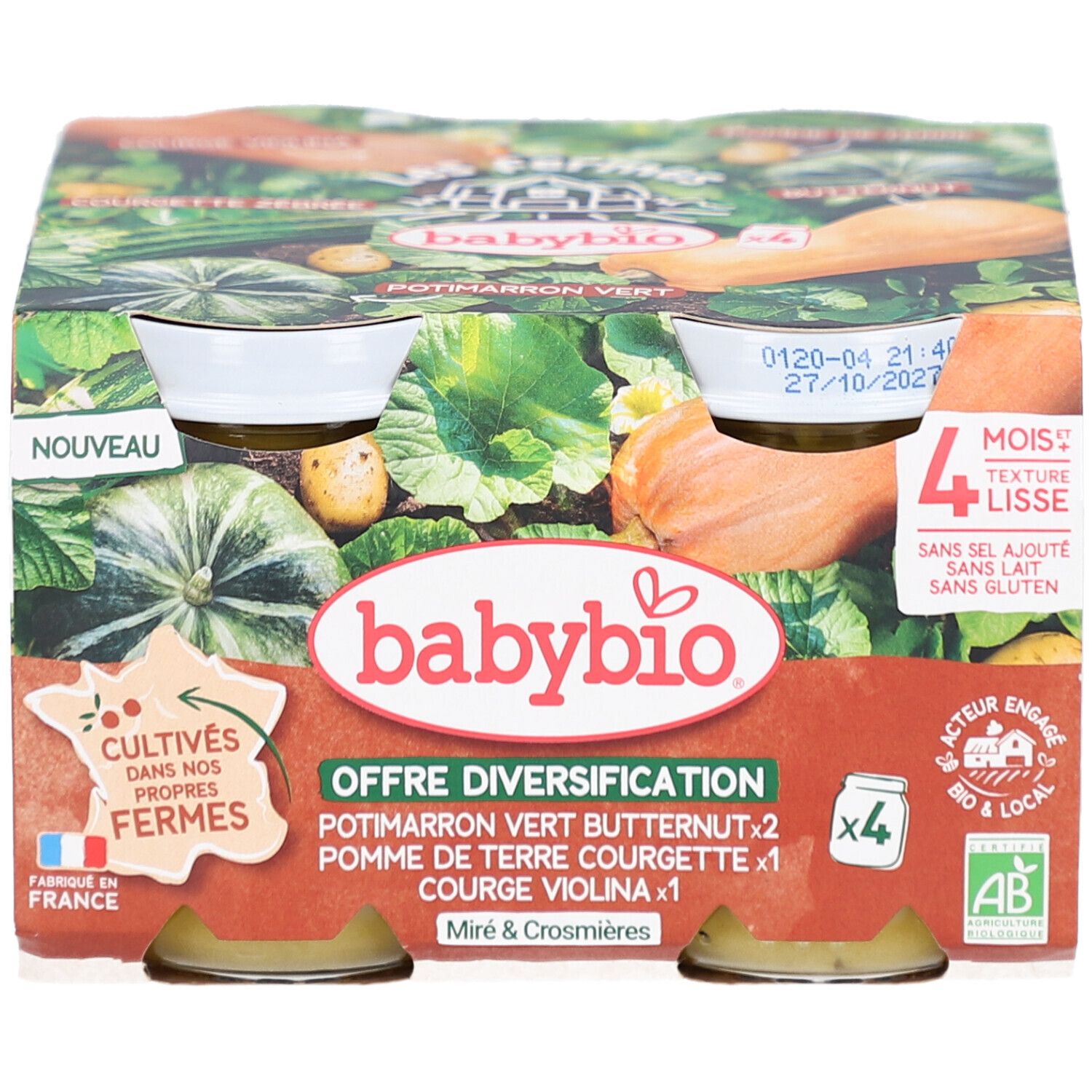Multipack de pots. Marque Babybio. 4 pots de légumes. Label bio. Origine France. Texte en français.