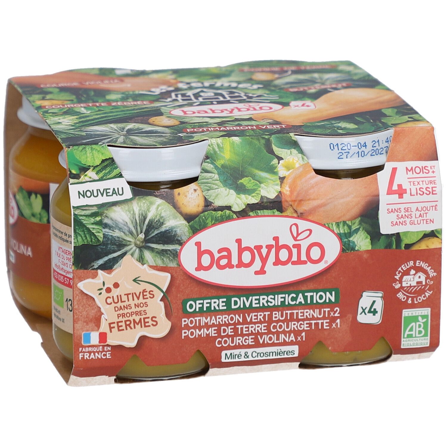 Multipack de pots. Marque Babybio. 4 pots de légumes. Label bio. Origine France. Texte en français.