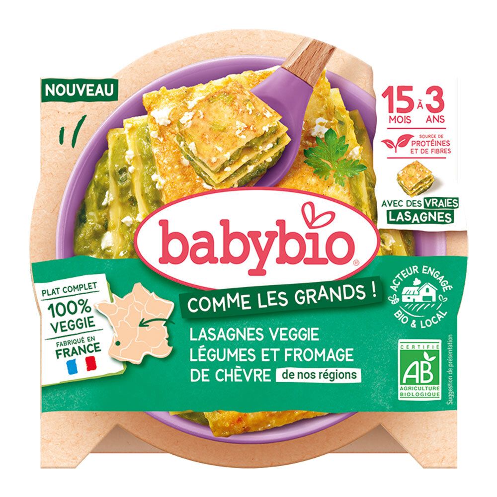 Plat complet Babybio. Lasagnes veggie, légumes et fromage de chèvre. Logo. 100% veggie. Fabriqué en France. Label AB.