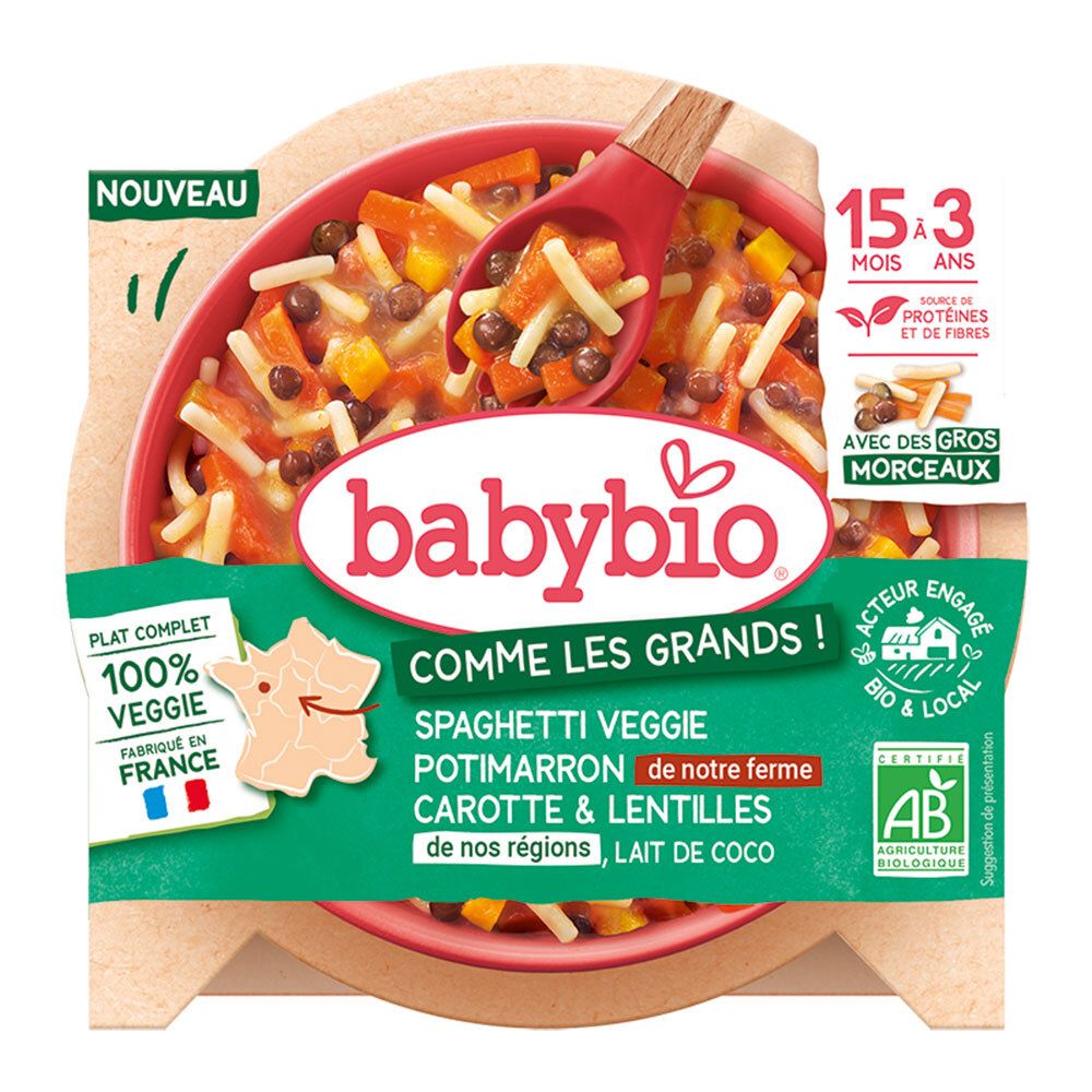 Plat complet Babybio. Spaghetti Veggie Potimarron, Carotte & Lentille. Label AB. Texte: Comme les grands ! 15-36 mois. Fabriqué en France.