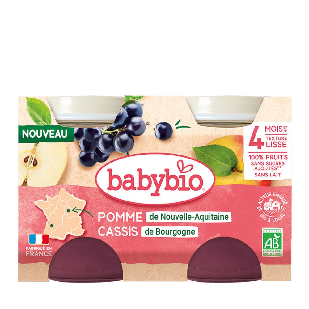 Emballage BABYBIO Pomme de Nouvelle-Aquitaine Cassis de Bourgogne, 4 pots. Label bio, texture lisse, sans sucres ajoutés.
