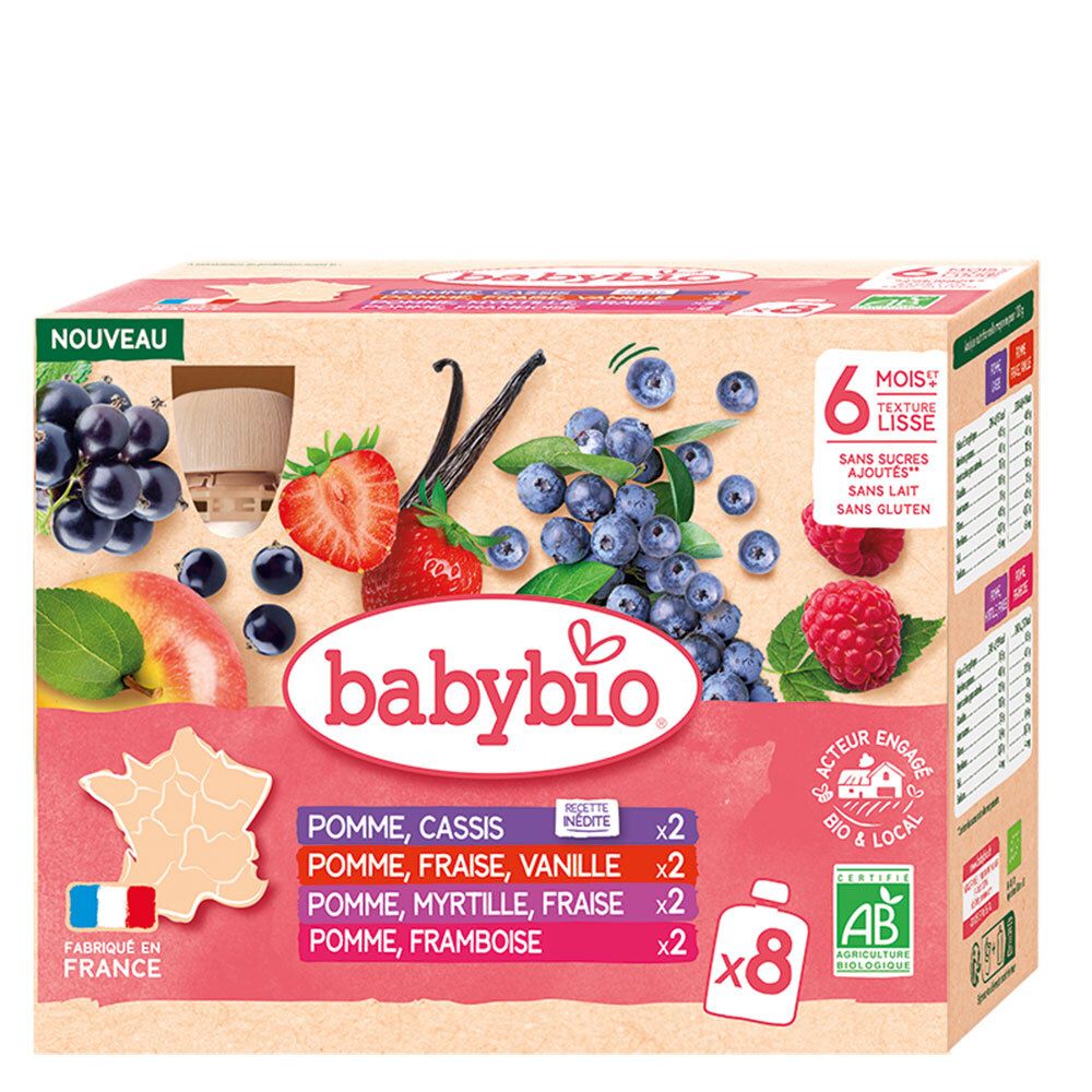Boîte BABYBIO avec fruits et logo. Contient 8 portions de purée. Texte : 6+ mois, sans sucres ajoutés, sans lait, sans gluten. Fabriqué en France.