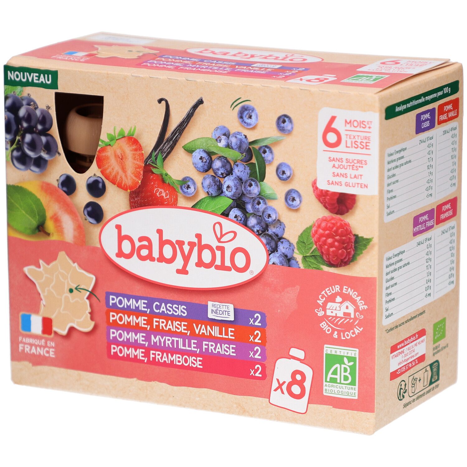 Boîte Babybio avec fruits. 8 pots de purée. Ingrédients: pomme, cassis, fraise, vanille, myrtille, framboise. Label bio.