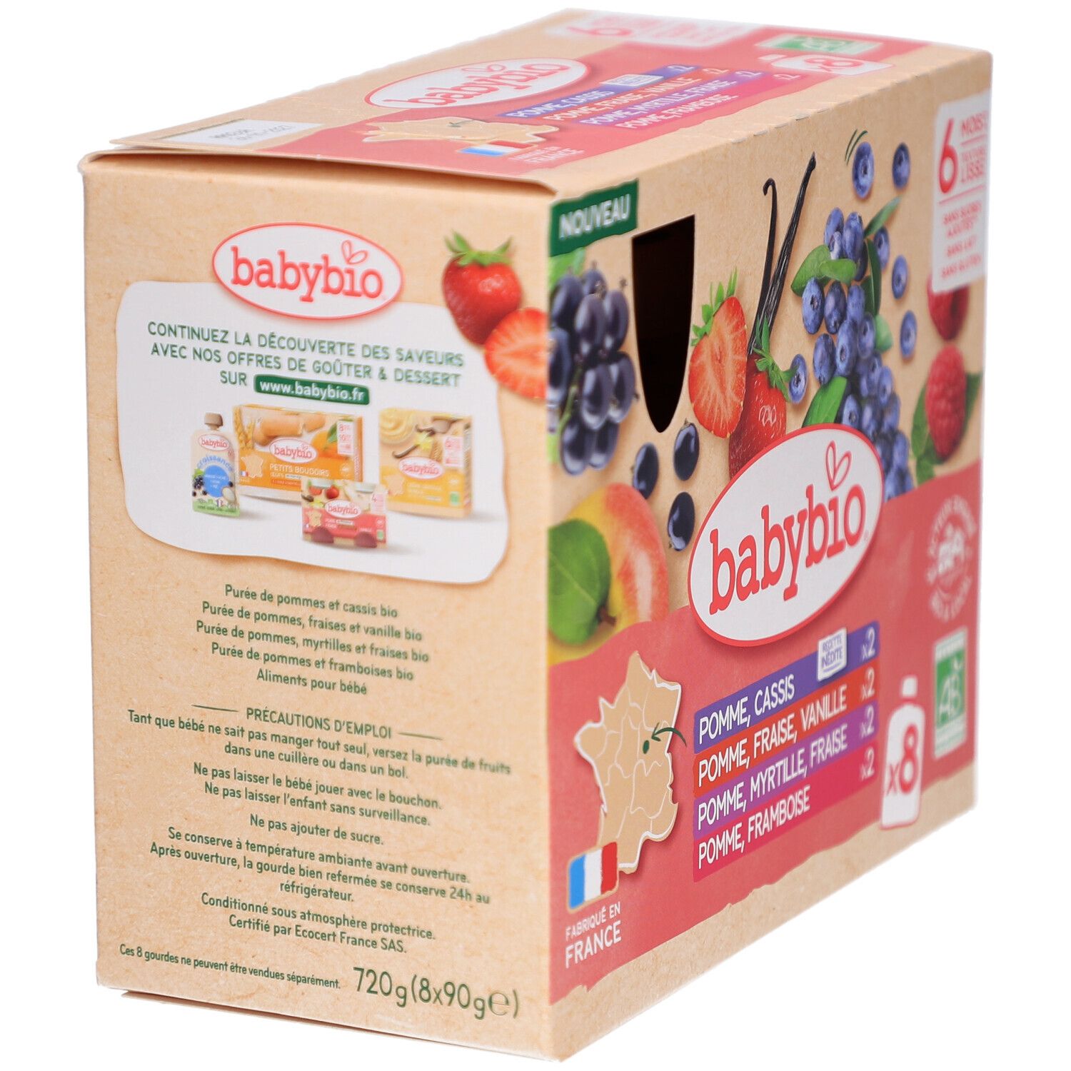 Dos de boîte Babybio. Fruits illustrés. Texte: '720g (8x90g)'. Précautions d'emploi. Label bio.