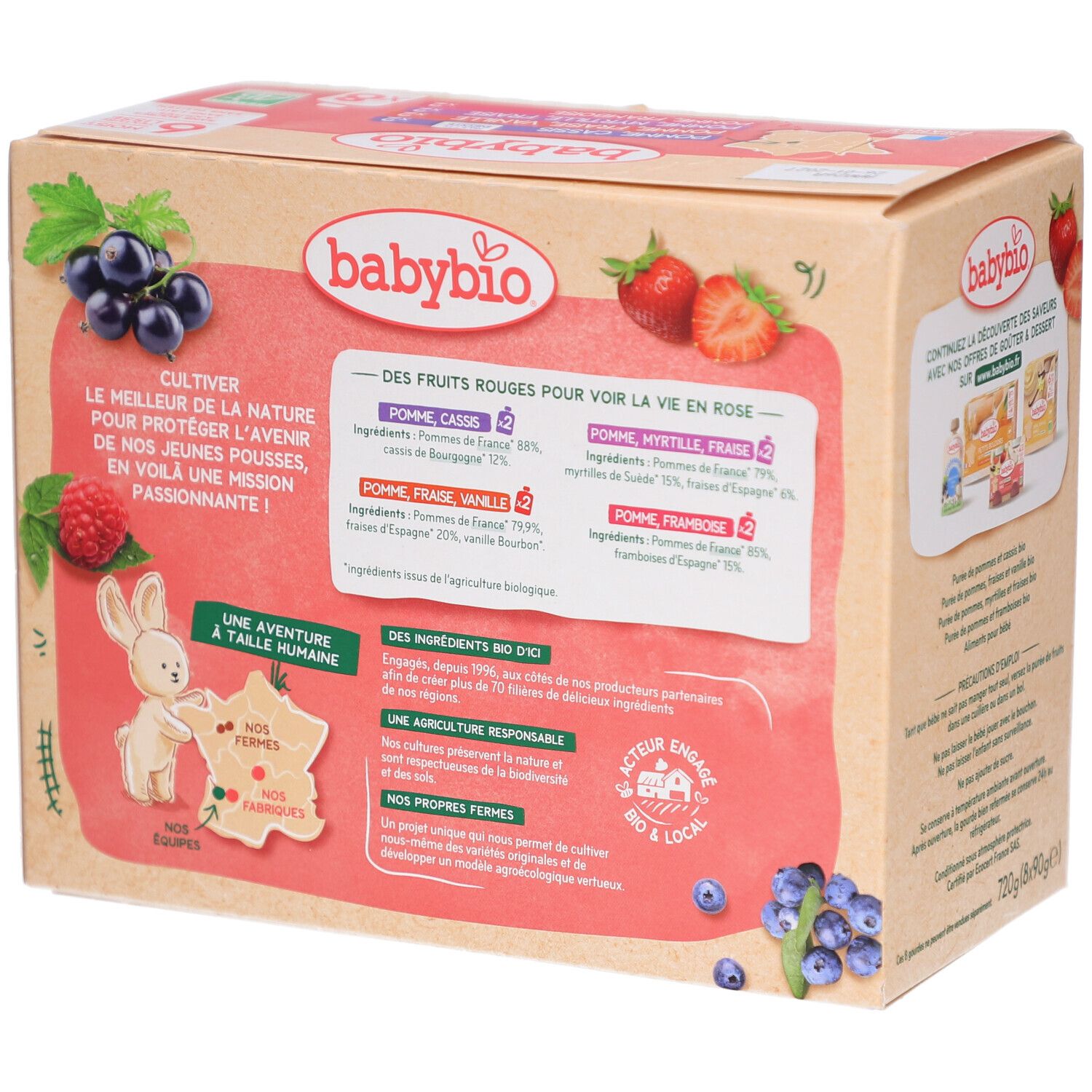 Dos de l'emballage Babybio. Texte sur ingrédients bio et agriculture responsable. Label bio.