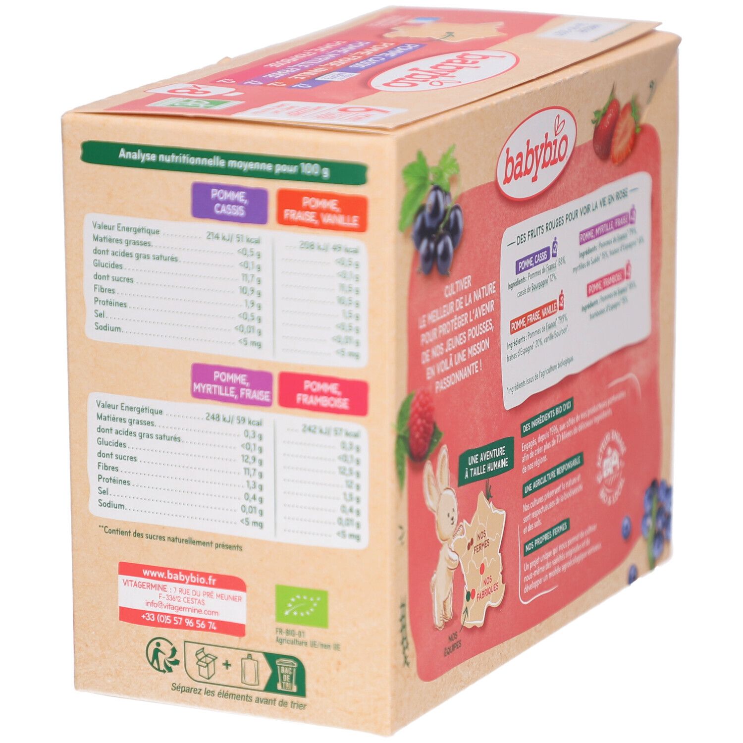 Côté de l'emballage Babybio. Tableau nutritionnel. Liste des ingrédients. Label bio. Coordonnées.