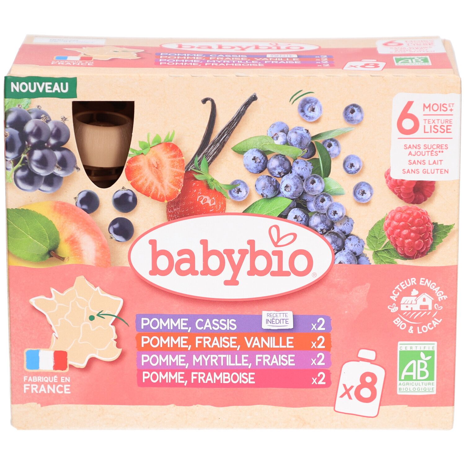 Boîte Babybio avec fruits. 8 pots de purée. Label bio. Texte: '6 mois'. Texture lisse.