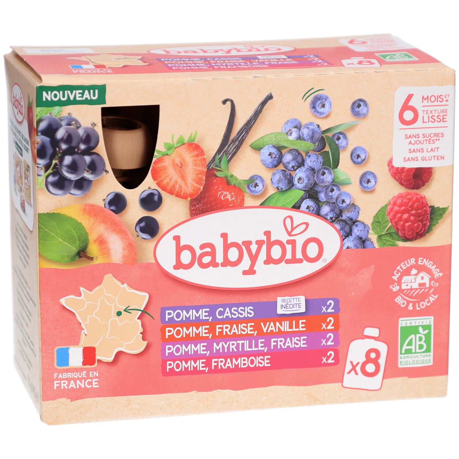 Boîte Babybio avec fruits. 8 pots de purée. Label bio. Texte: '6 mois'. Texture lisse.