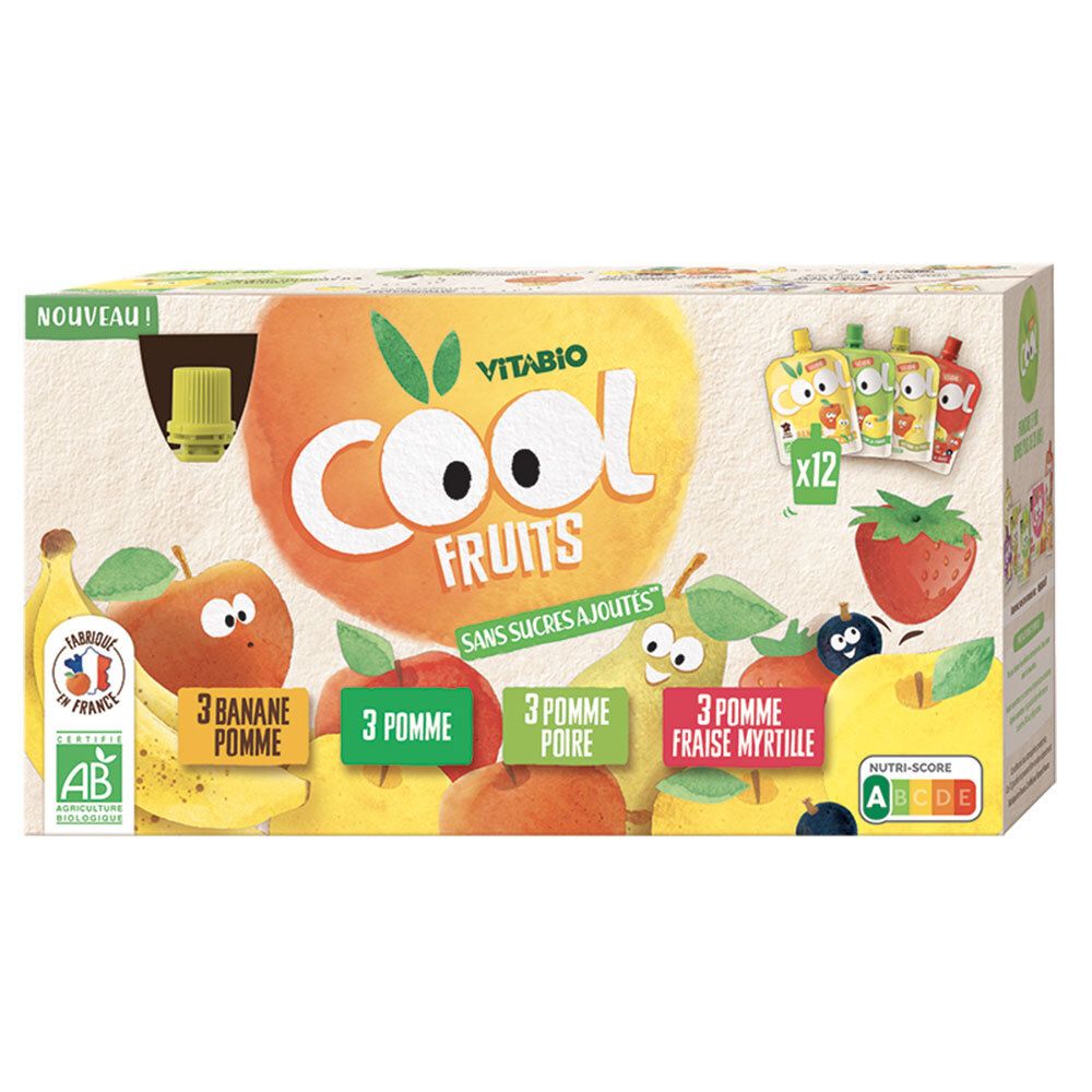 Boîte Cool Fruits, 12 sachets. Pomme, poire, fraise et banane. Sans sucres ajoutés. Certification bio.