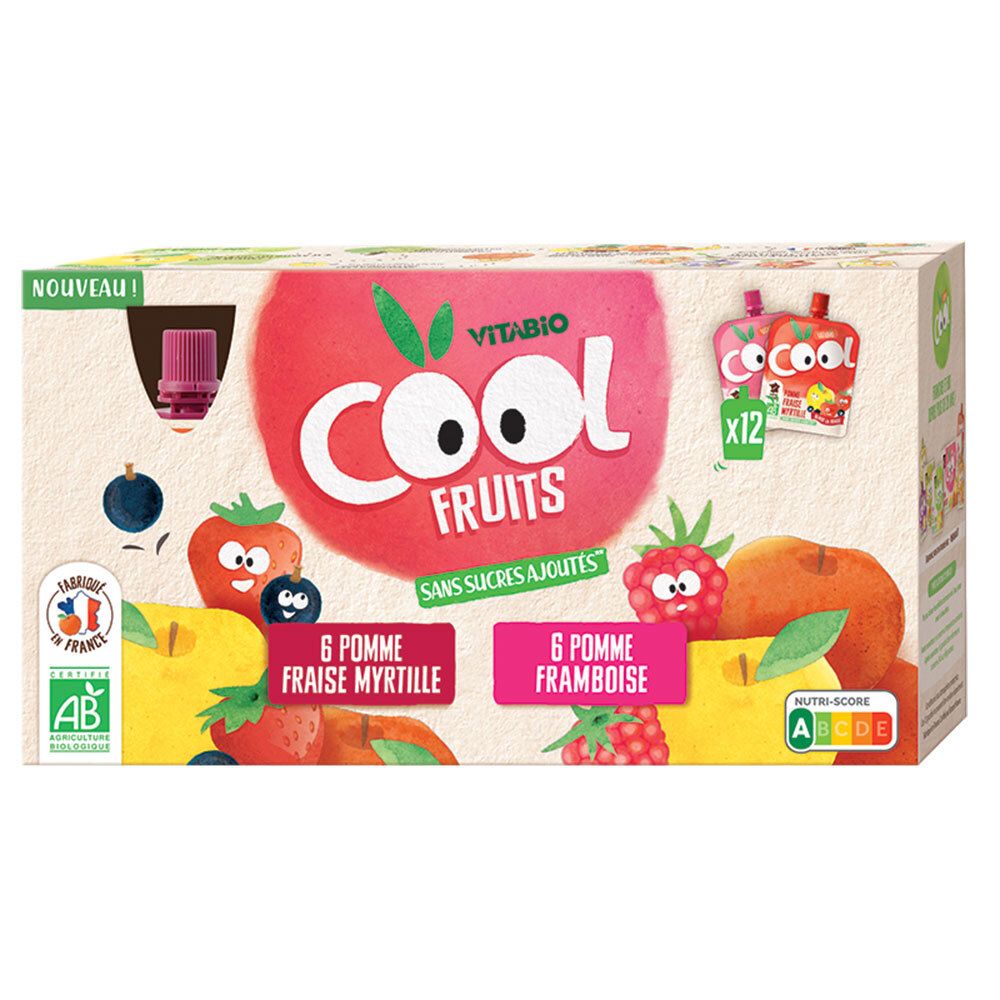 Boîte de Cool Fruits. Contient 12 sachets de purée de fruits. Inscriptions : 6 Pomme Fraise Myrtille, 6 Pomme Framboise. Label AB bio.