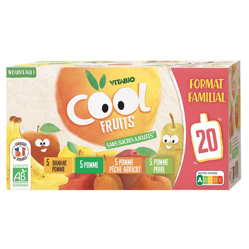 Boîte de Cool Fruits Multiparfums. Contient 20 sachets de purée de pomme, poire, abricot et banane. Produit bio.