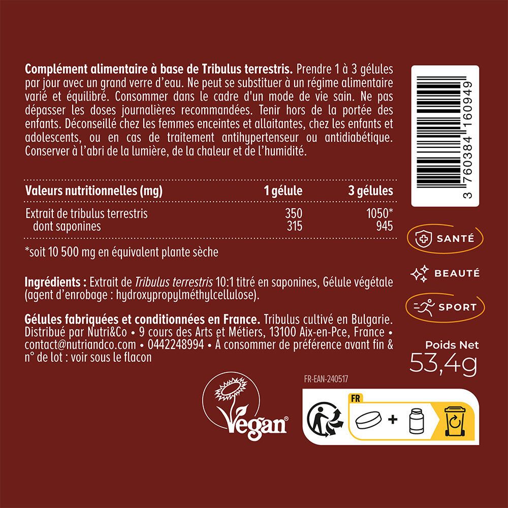 Gros plan de l'étiquette au dos du flacon. Texte sur les valeurs nutritionnelles et ingrédients. Logo vegan.