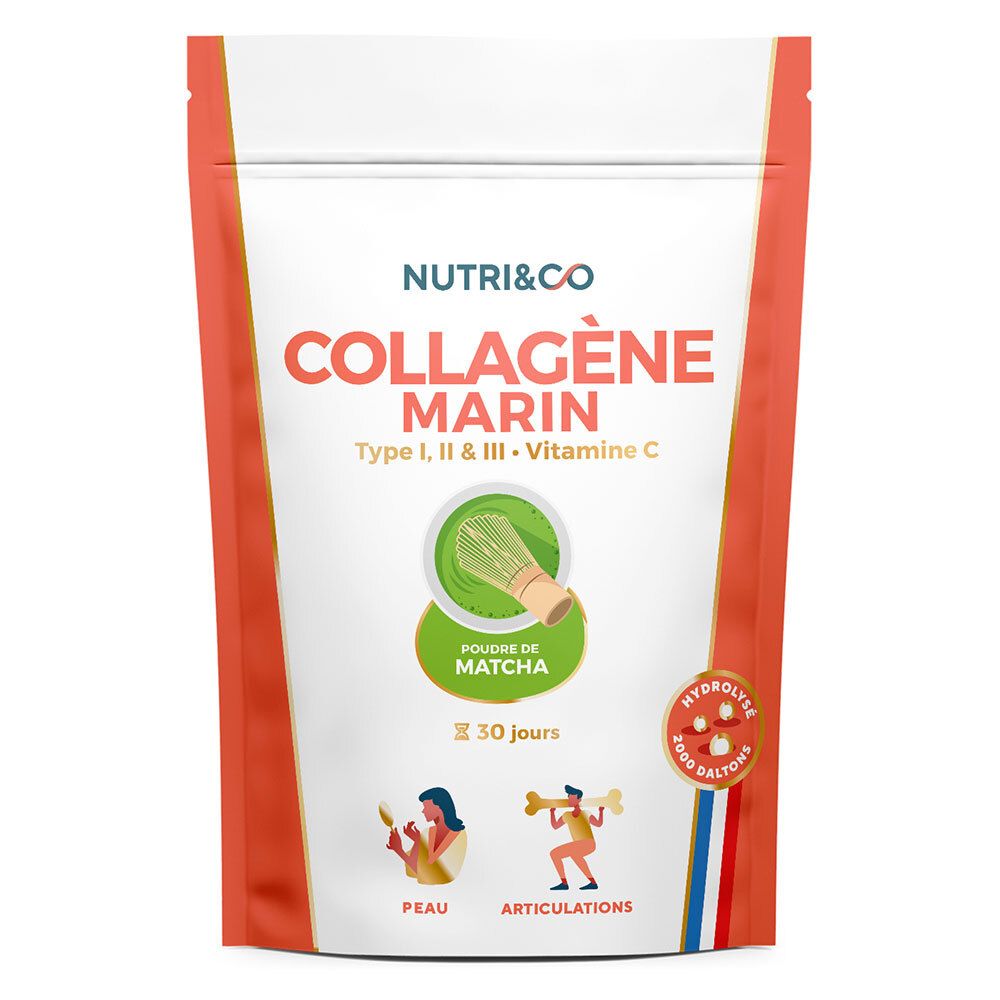 Sachet de Nutri&Co Collagène Marin, goût Matcha. Contient collagène types 1, 2 & 3 et vitamine C. 180g.