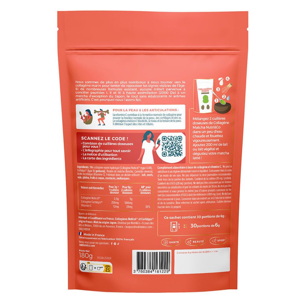 Dos du sachet Nutri&Co Collagène Marin. Contient informations sur ingrédients et utilisation.