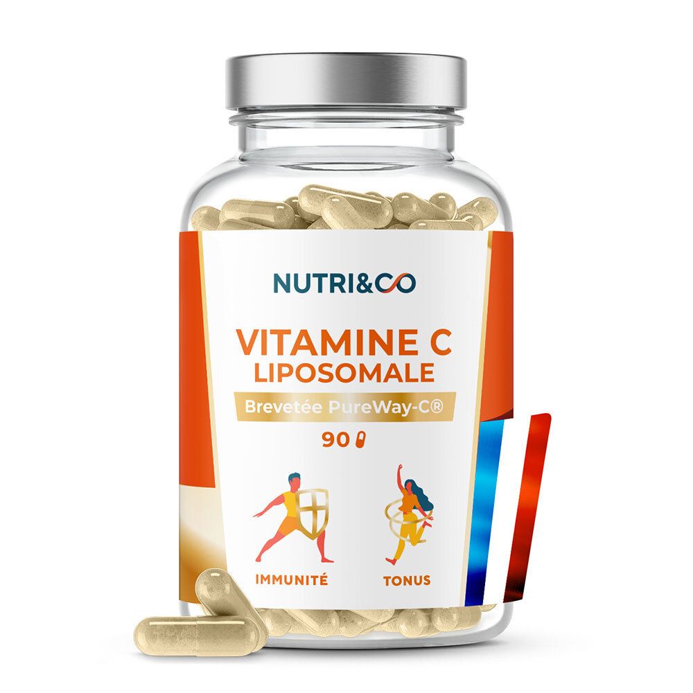 Flacon transparent de gélules. Étiquette "Nutri&Co Vitamine C Liposomale". 90 gélules. Drapeau français.