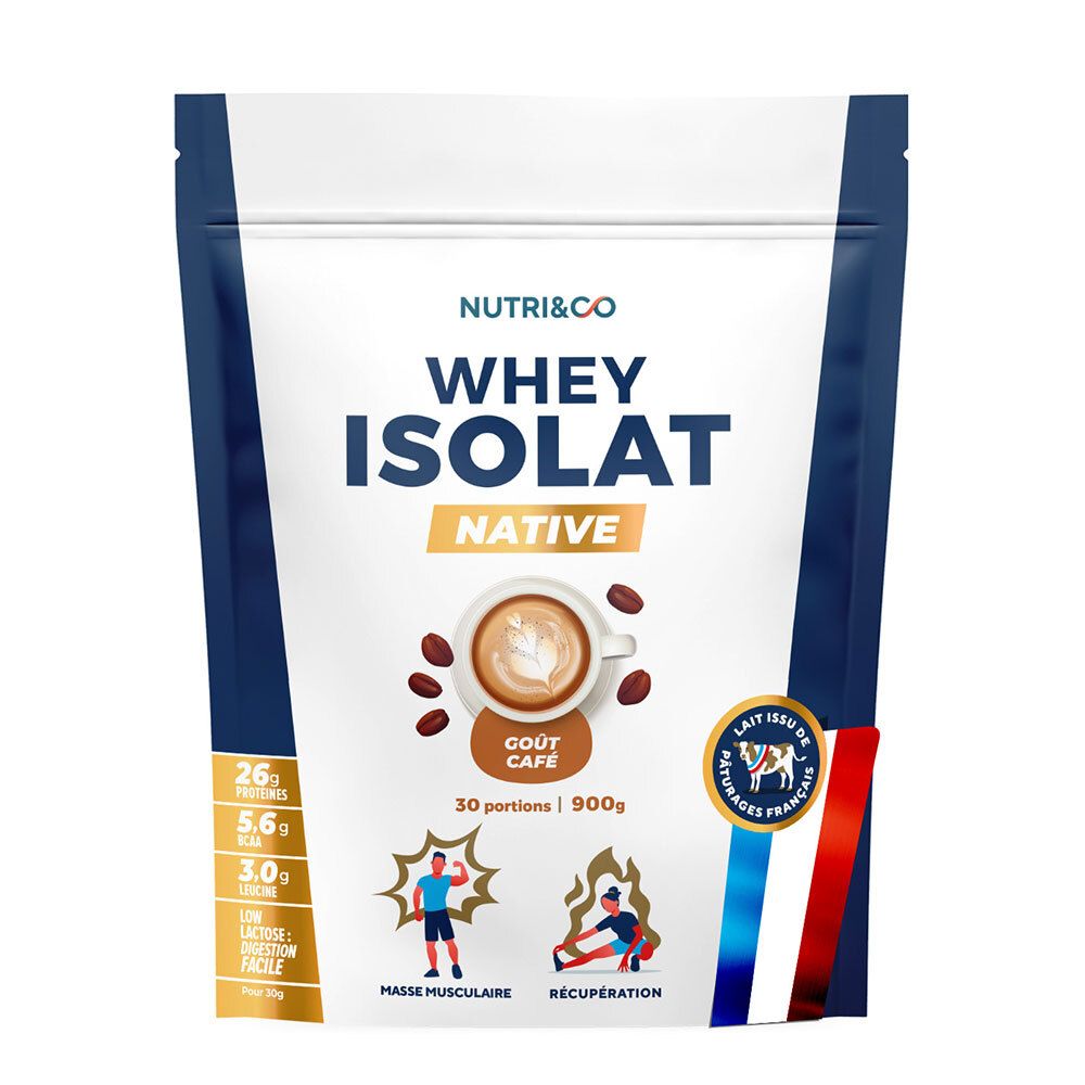 Sachet Nutri&Co Whey Isolat Native, goût café. Tasse de café et grains. Drapeau français et informations nutritionnelles.