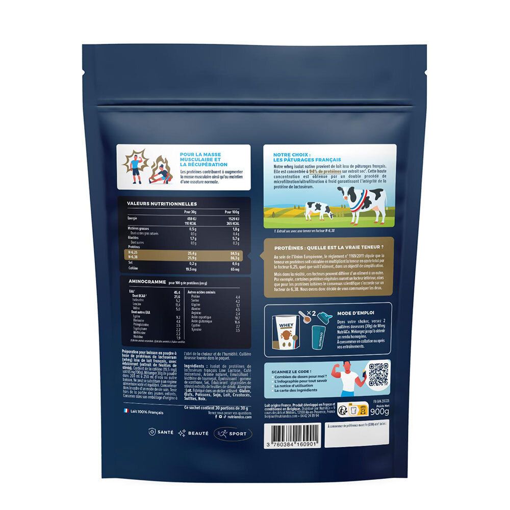Dos du sachet. Contient informations nutritionnelles, instructions et informations sur la source de protéines.