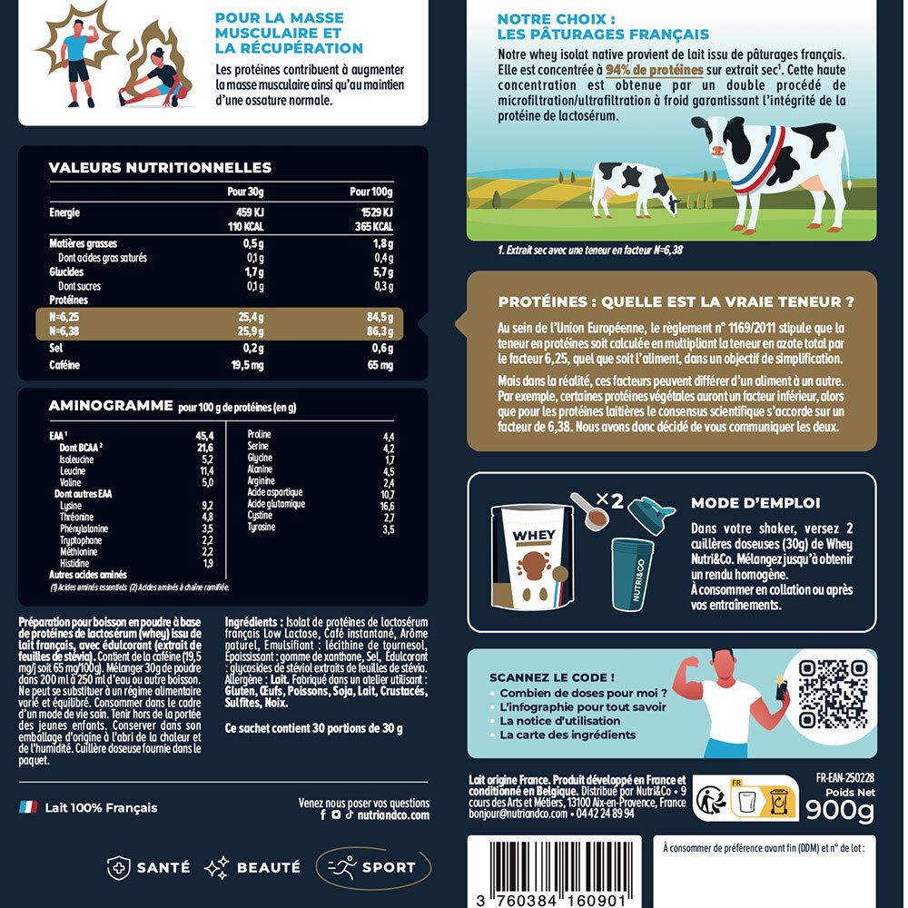 Gros plan du dos du sachet. Contient informations nutritionnelles, aminogramme et mode d'emploi.