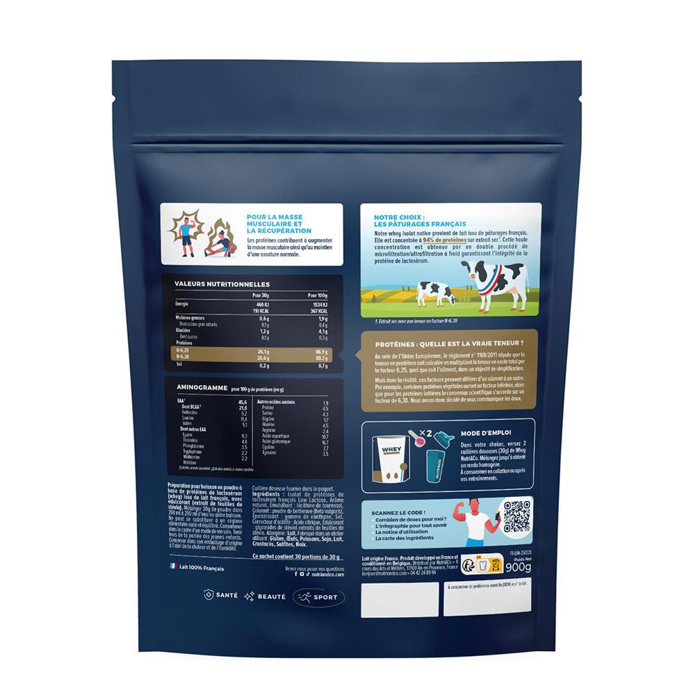 Dos du sachet de Whey Isolat Native. Contient informations nutritionnelles, aminogramme et instructions. Label Lait Français.