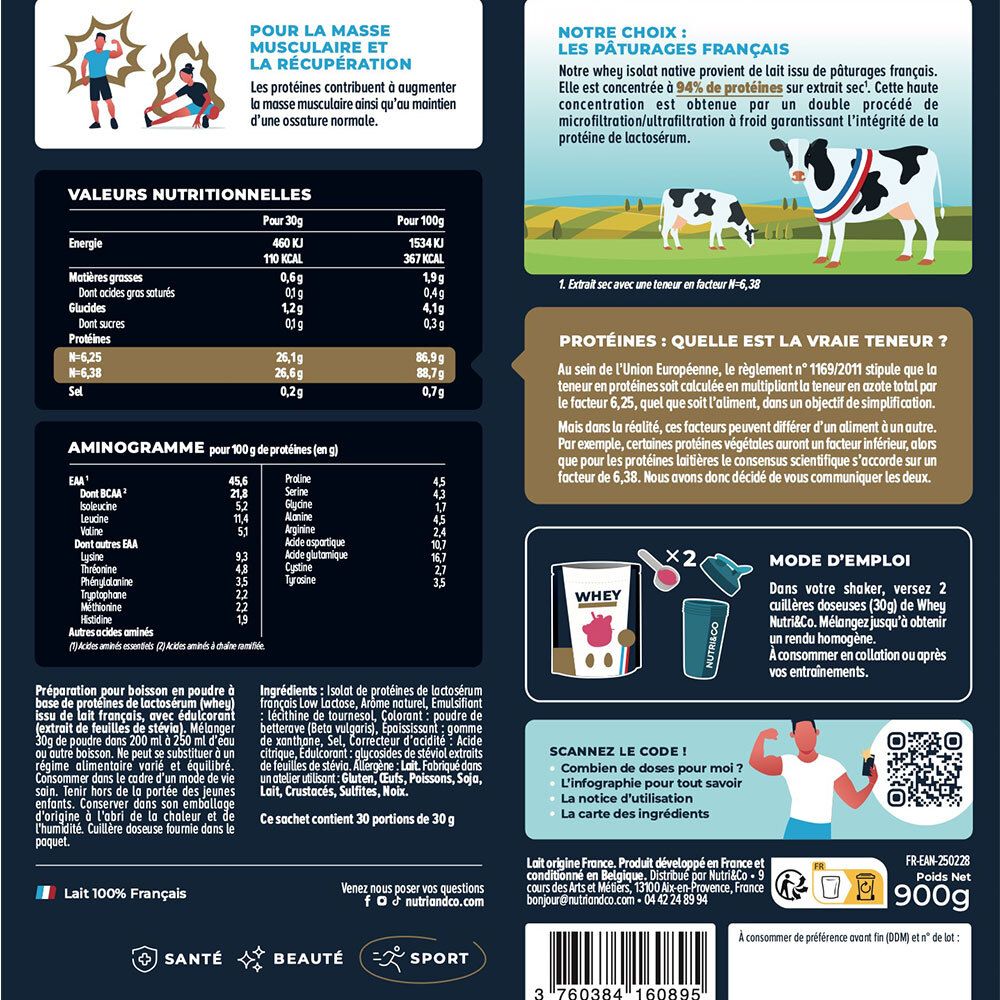 Gros plan du dos du sachet. Contient informations nutritionnelles, aminogramme et instructions. Label Lait Français.
