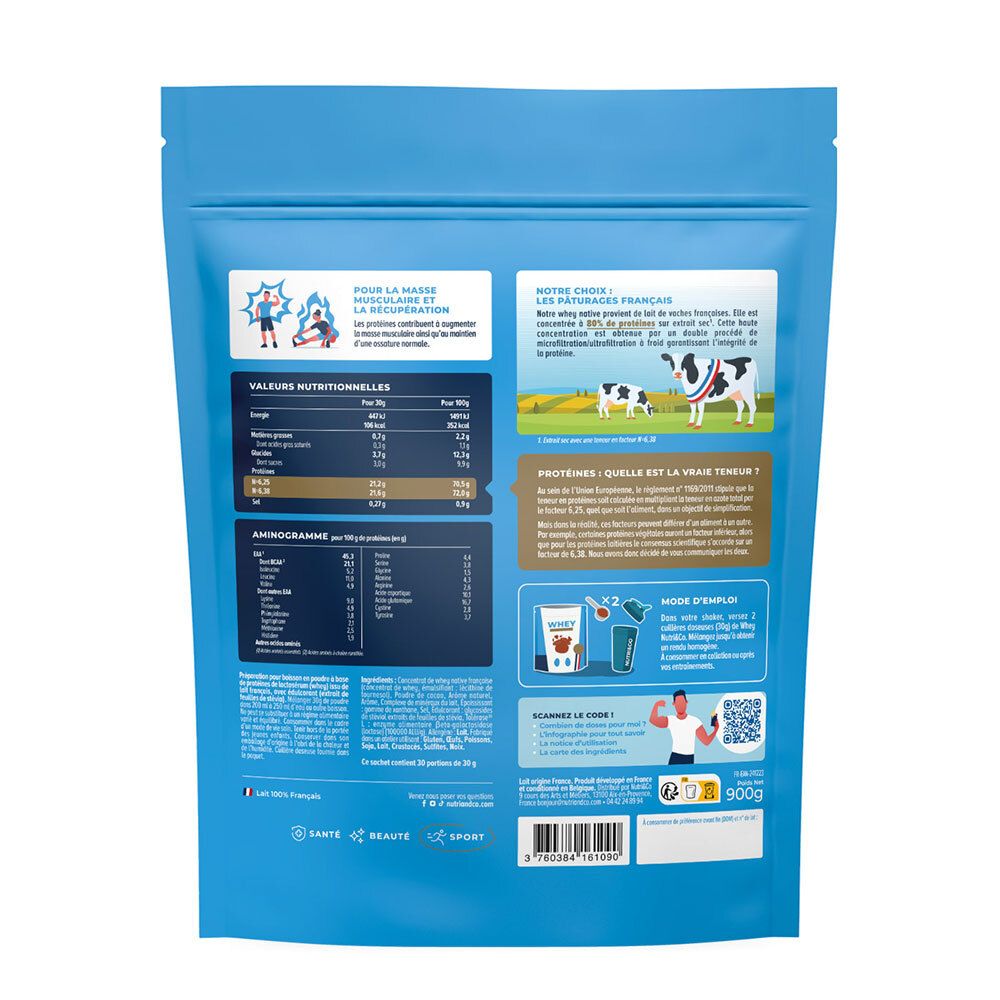 Dos du sachet. Texte : informations nutritionnelles, aminogramme, mode d'emploi. Illustration : vaches, logo français, code QR.