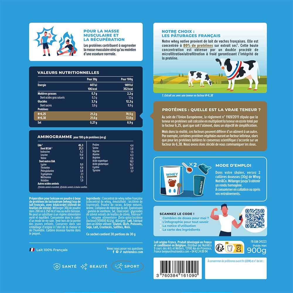 Dos du sachet. Texte : informations nutritionnelles, aminogramme, mode d'emploi. Illustration : vaches, logo français, code QR.