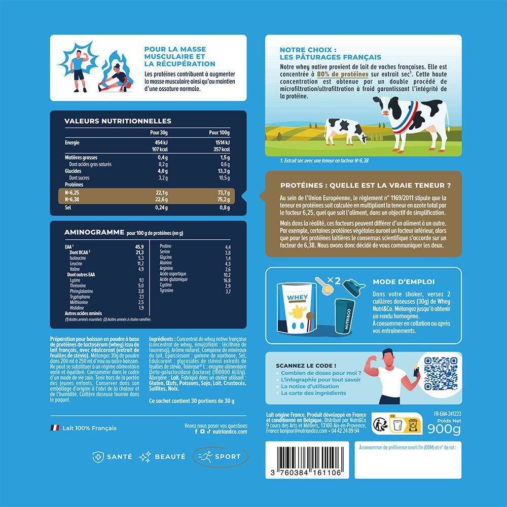 Dos du paquet de Whey Concentrée Native. Contient des informations nutritionnelles, un aminogramme, un mode d'emploi et un QR code.